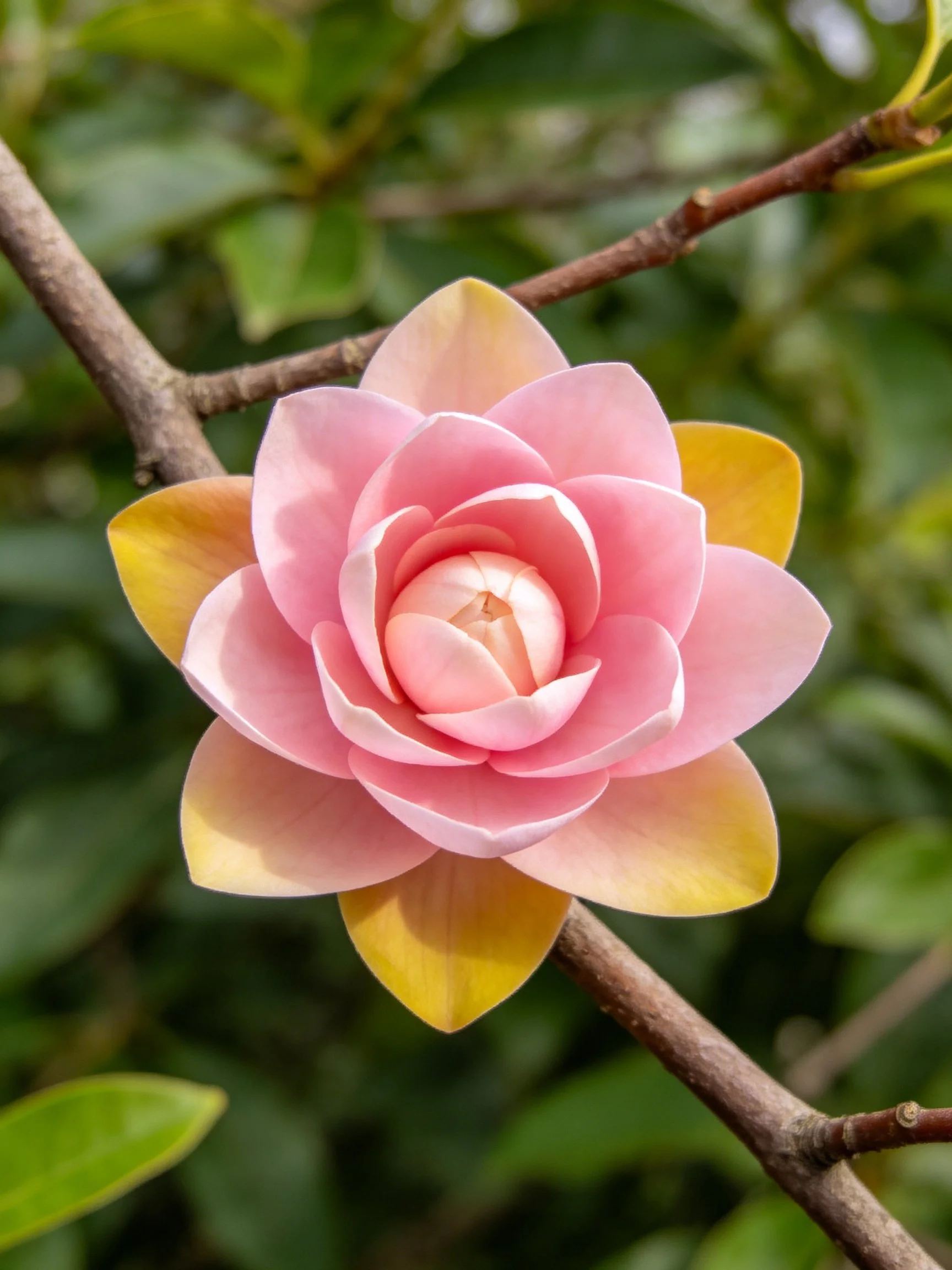 Pink and yellow magnolia flower on brown branches