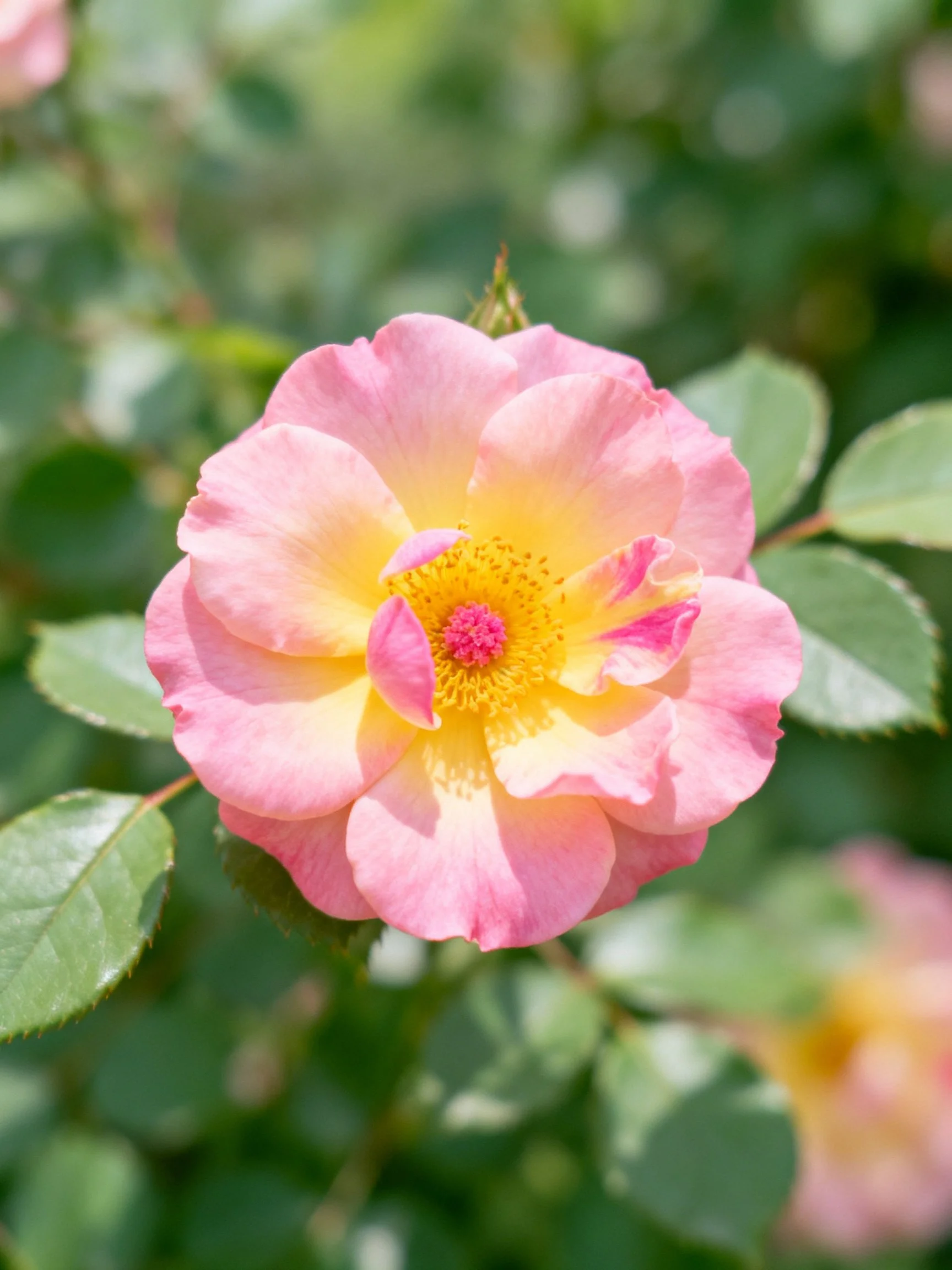 Pink and yellow rose blooming among green foliage