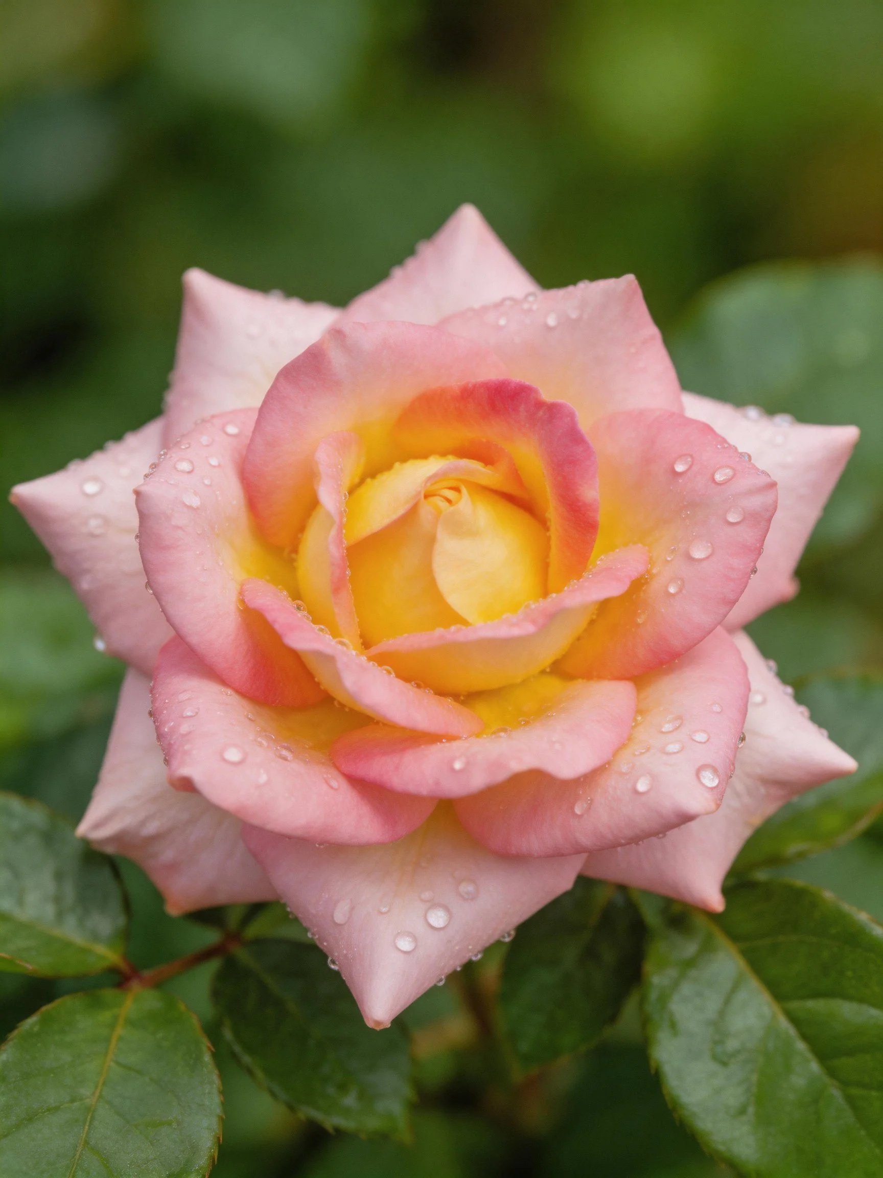 Pink and yellow rose with dewdrop details