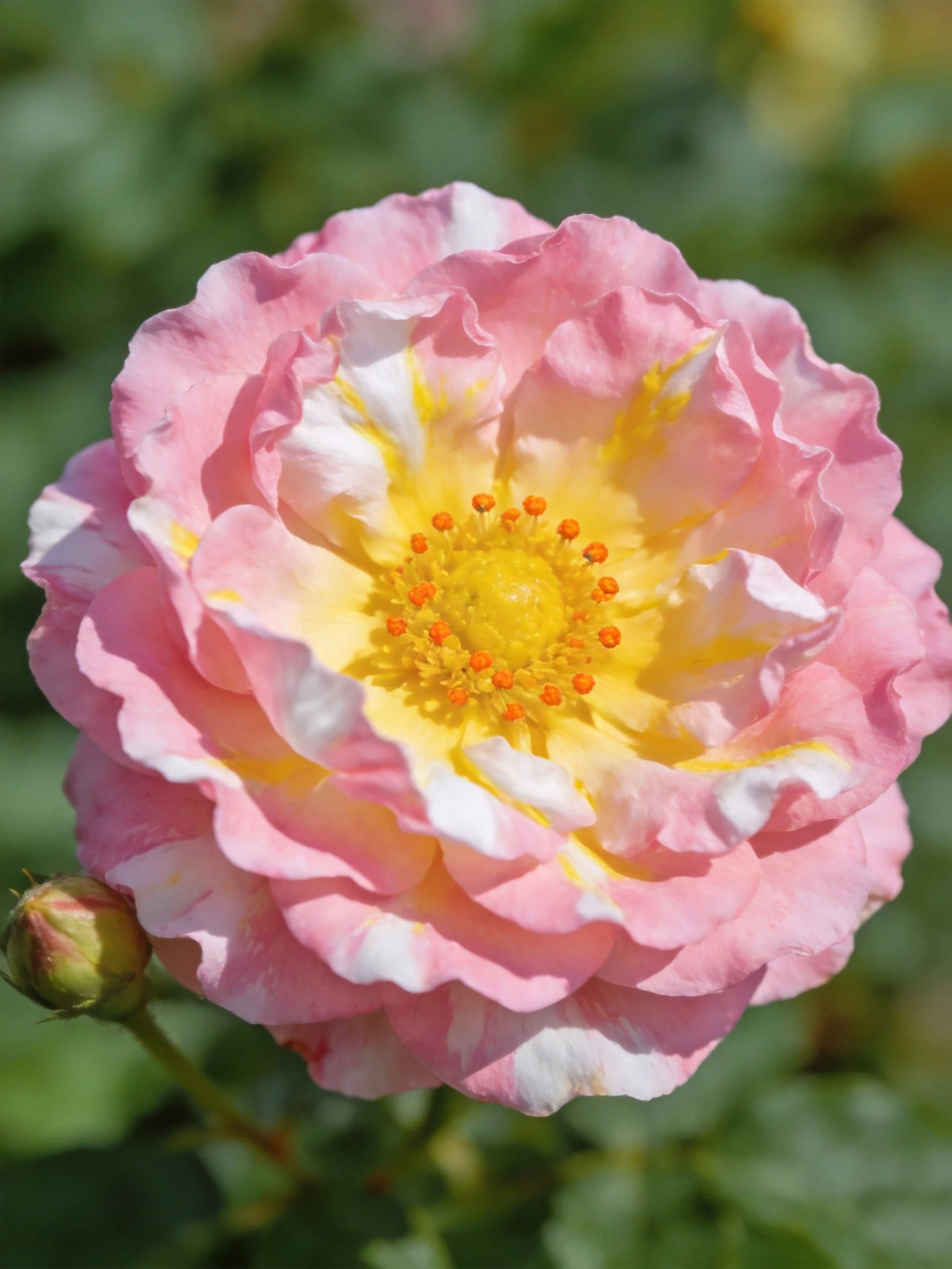 Pink and yellow rose with layered petals and a single bud
