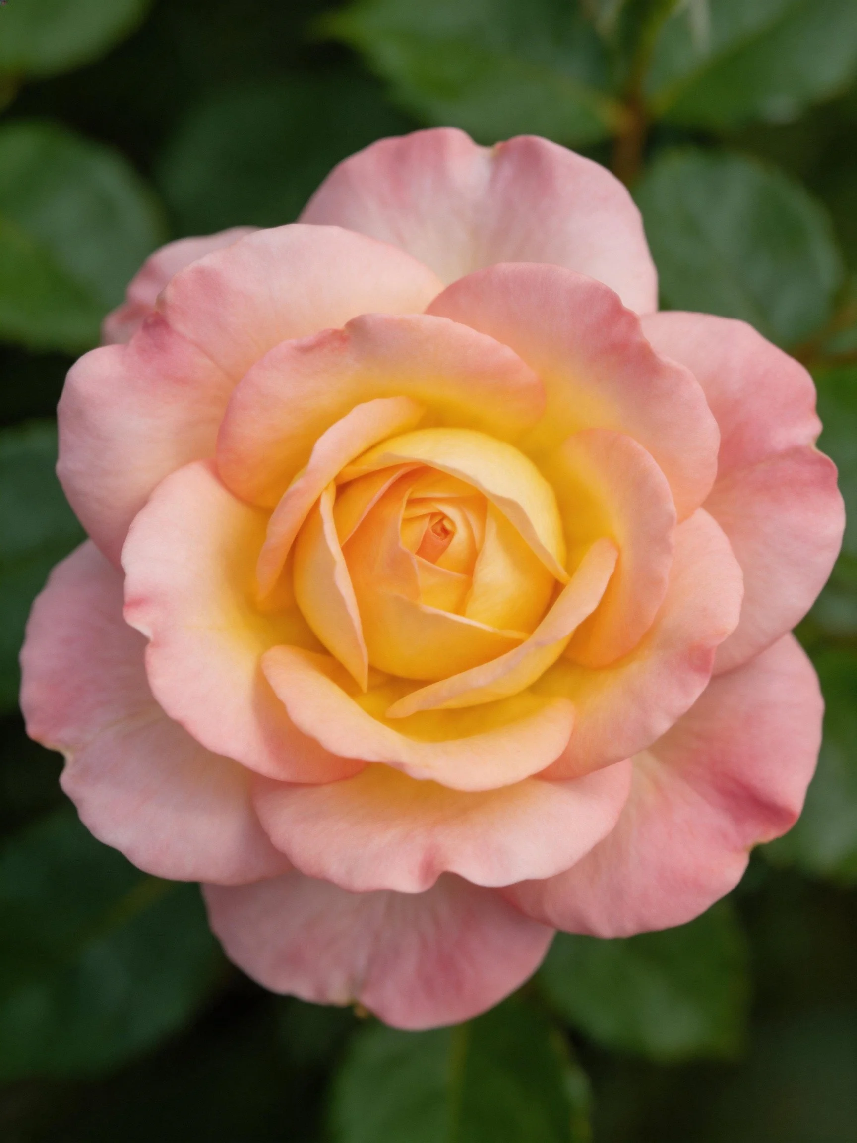 Pink and yellow rose with layered petals, set against green leaves