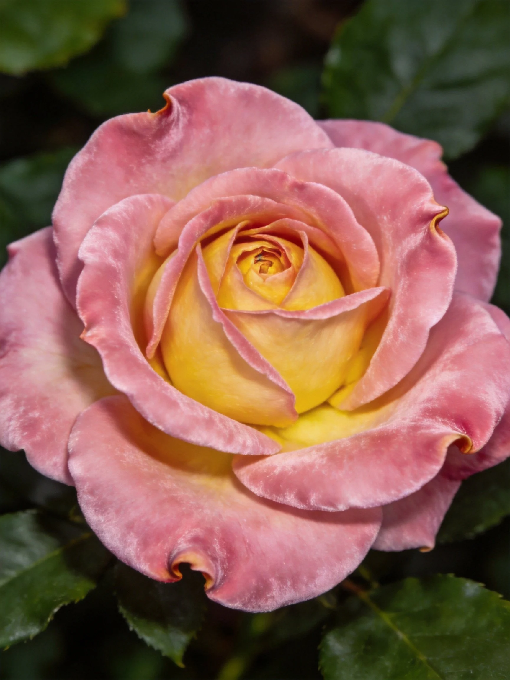 Pink and yellow rose with layered, soft petals