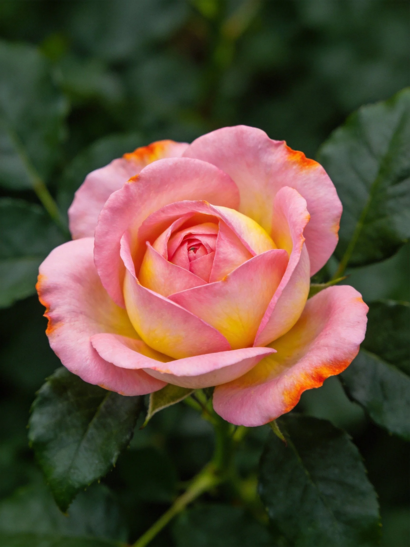 Pink and yellow rose with orange-tipped petals
