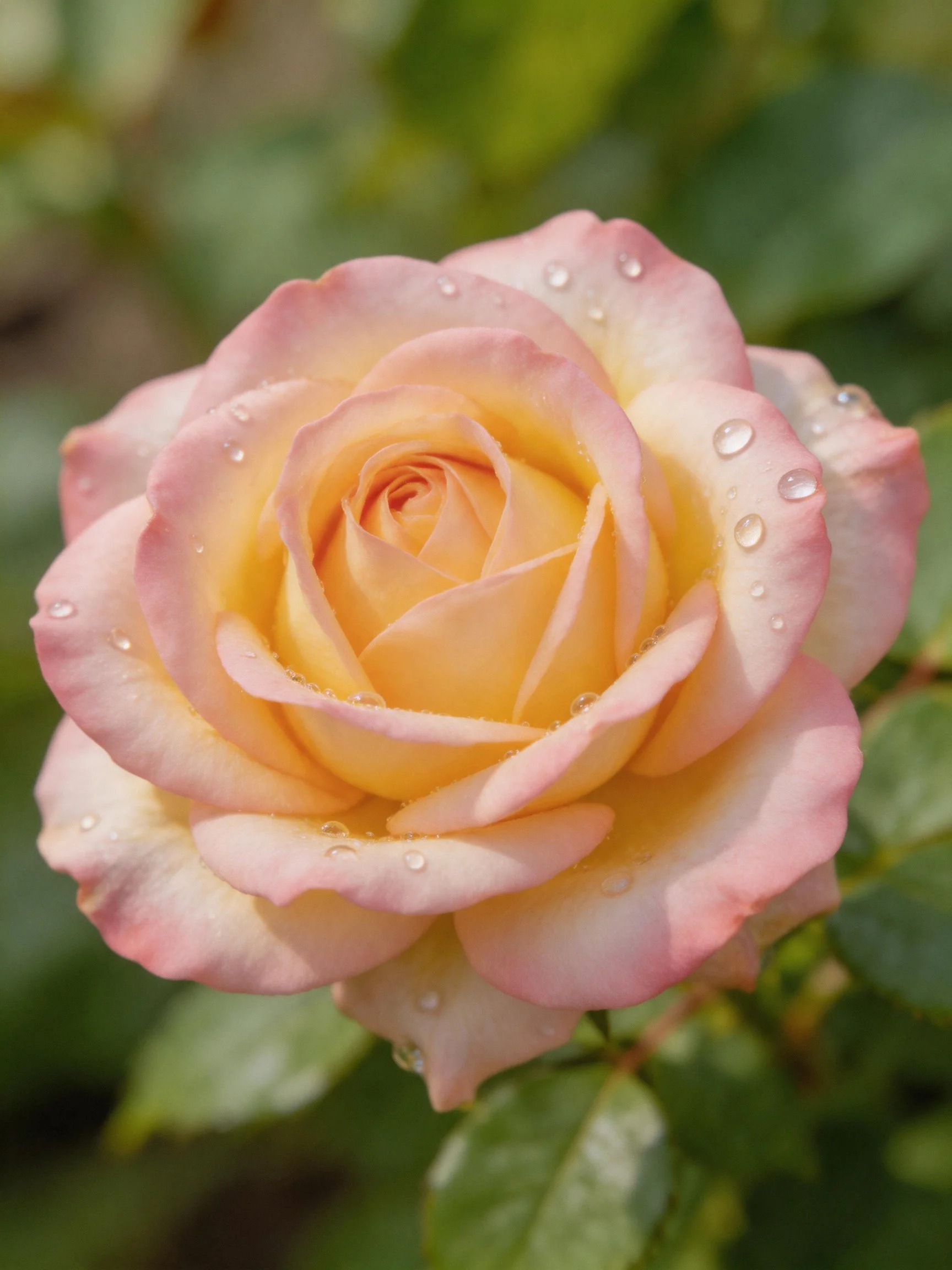 Pink and yellow rose with water droplets on soft petals
