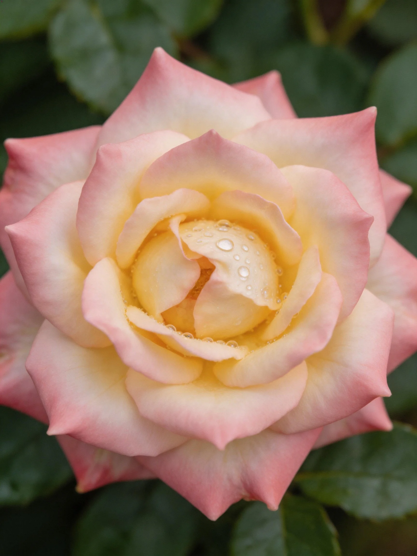 Pink and yellow rose with water droplets, set against green leaves