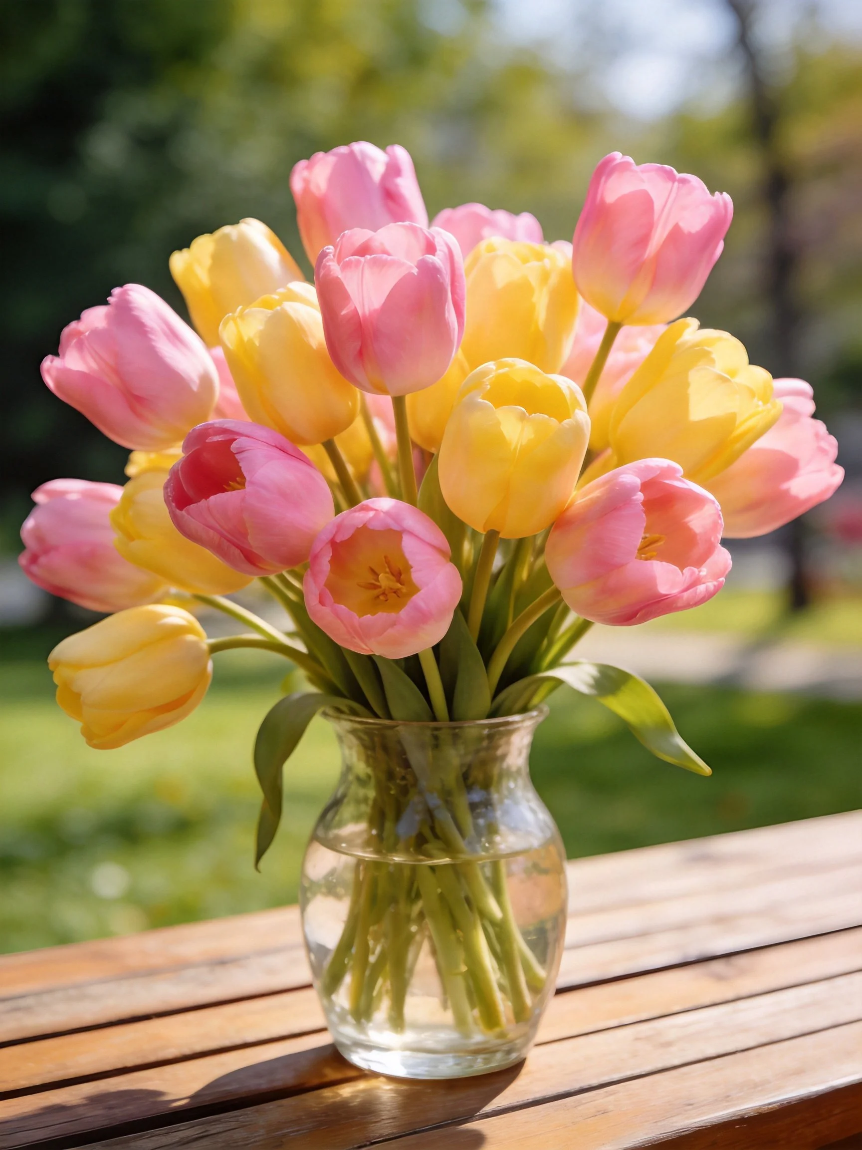 Pink and yellow tulip bouquet in a glass vase on wooden table