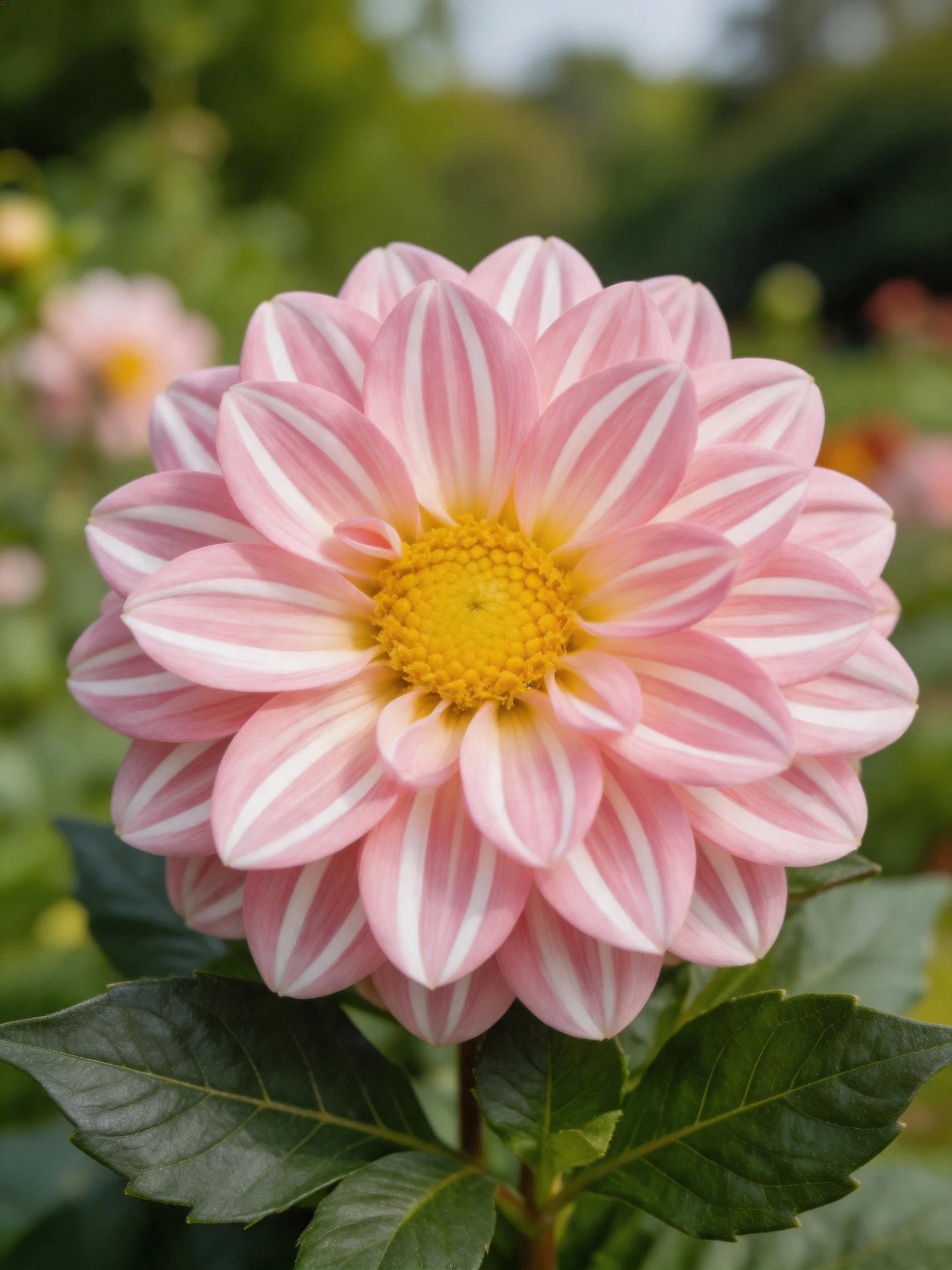 Pink andWhite Striped Dahlia with Yellow Center