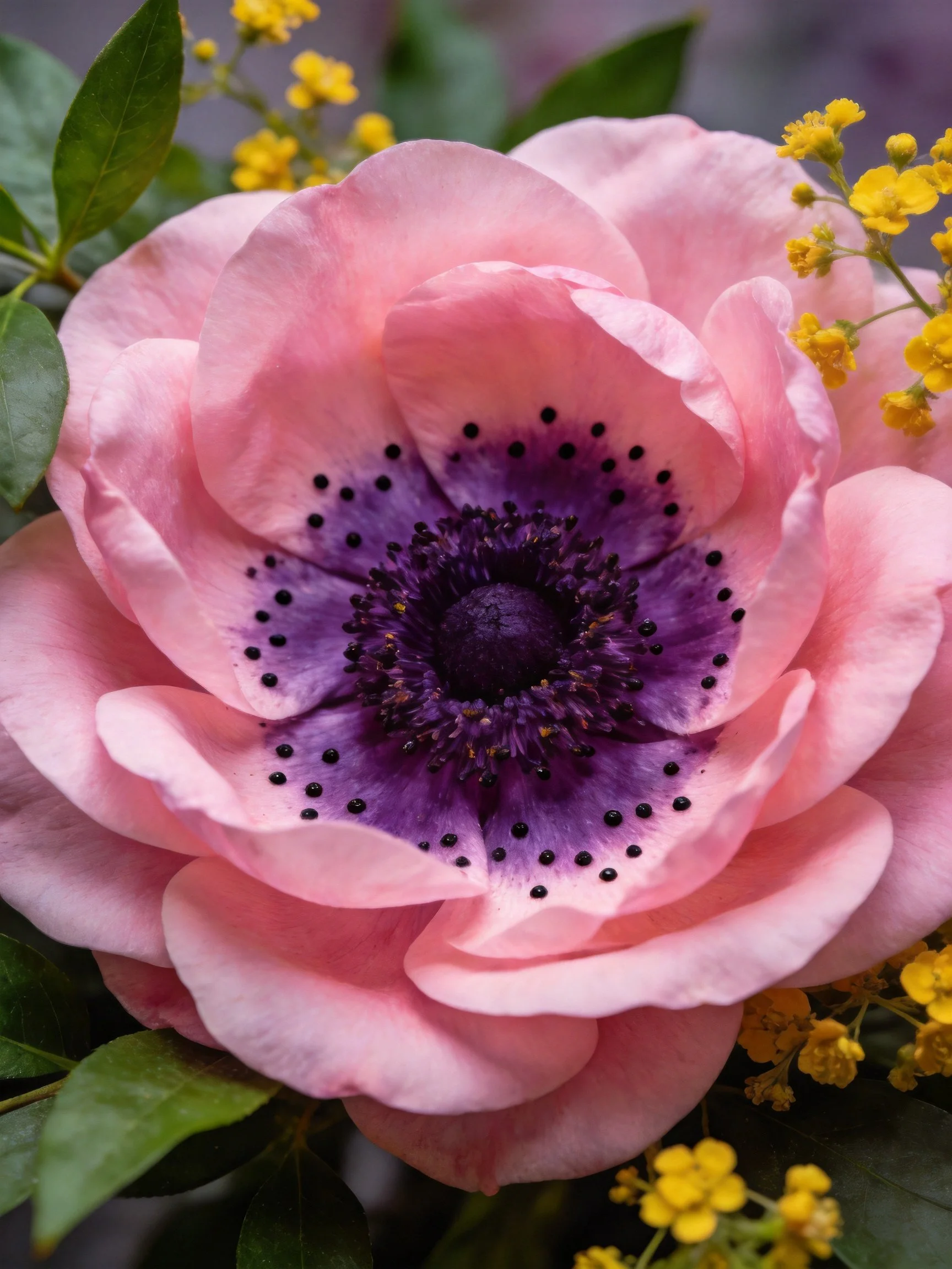 Pink anemone with purple center and yellow accents