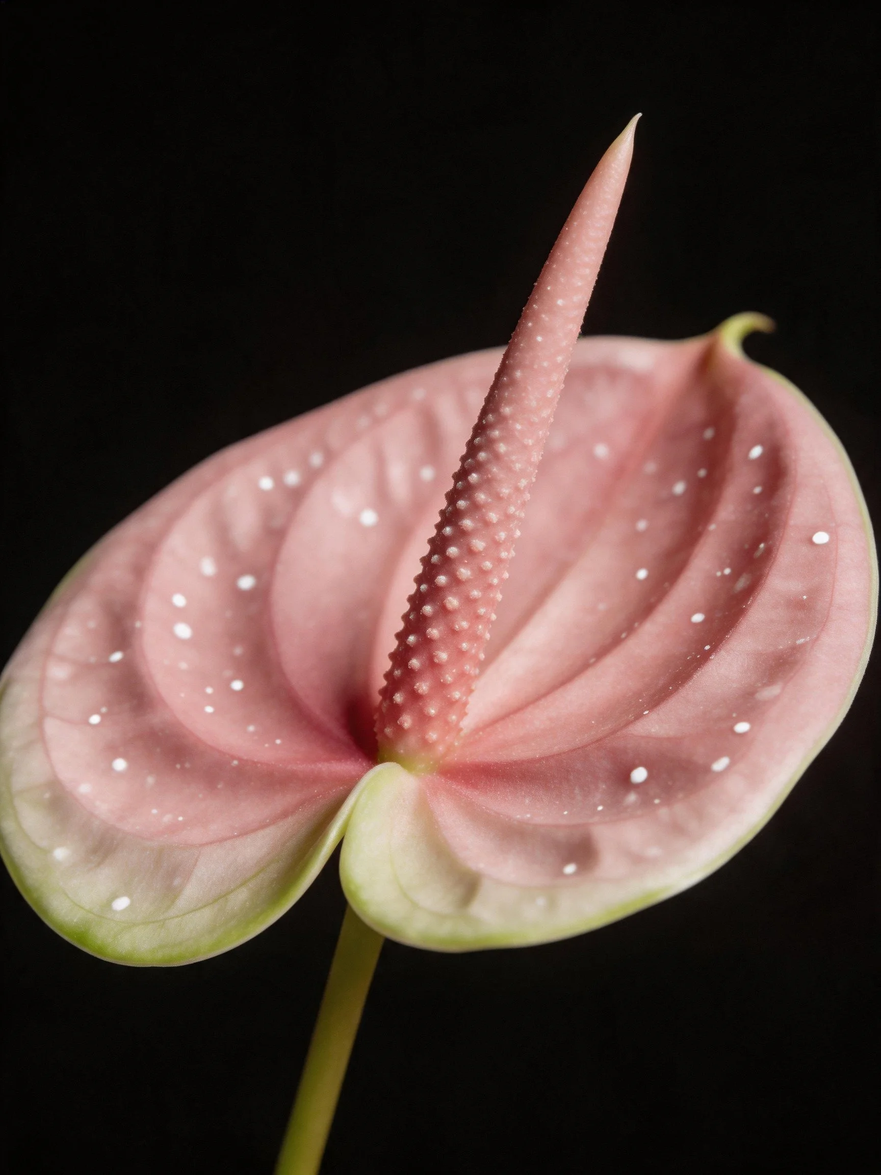 Pink anthurium spathe with water droplets and textured spadix