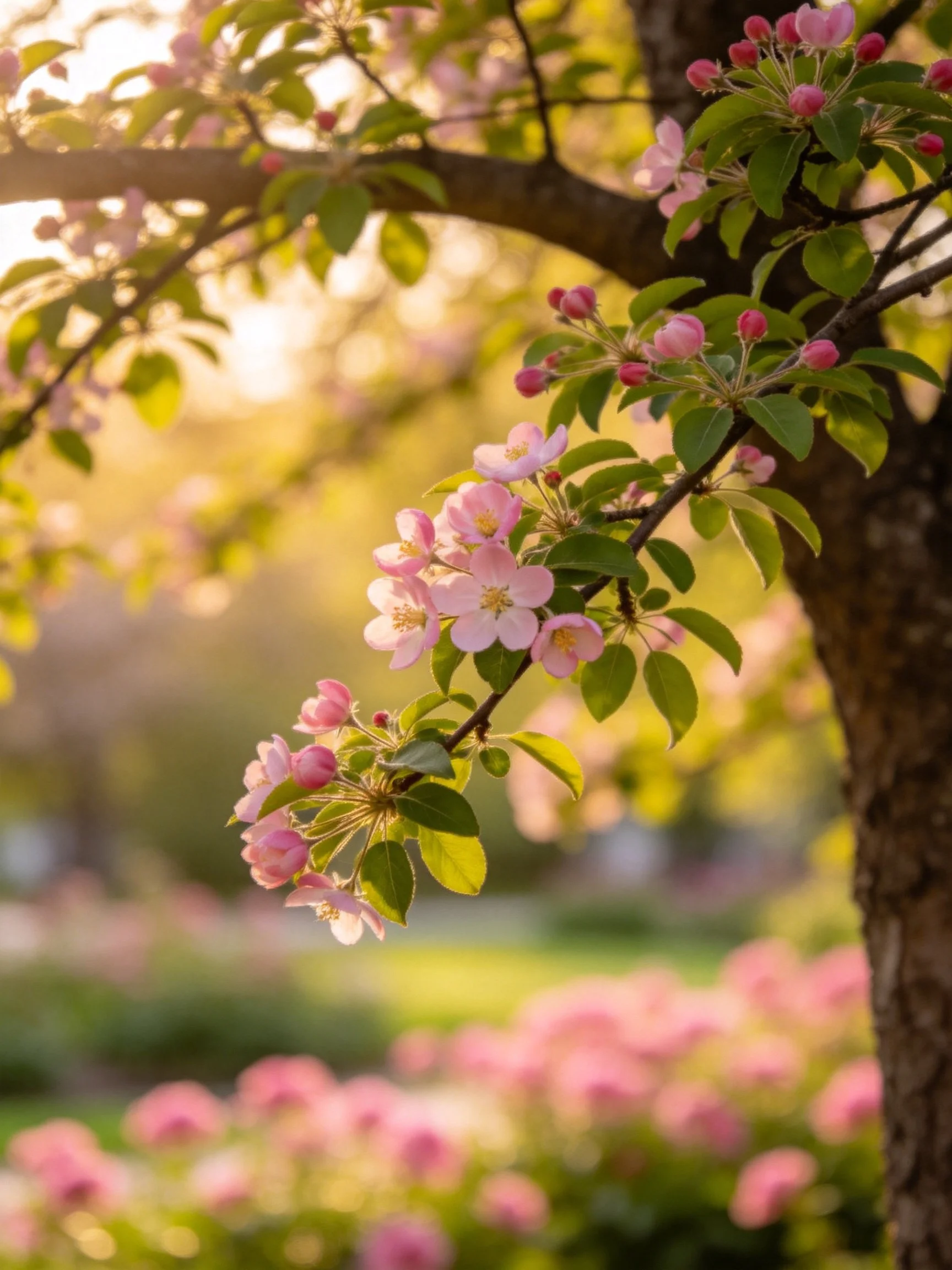 Pink apple blossoms bloom on a tree branch under golden sunlight