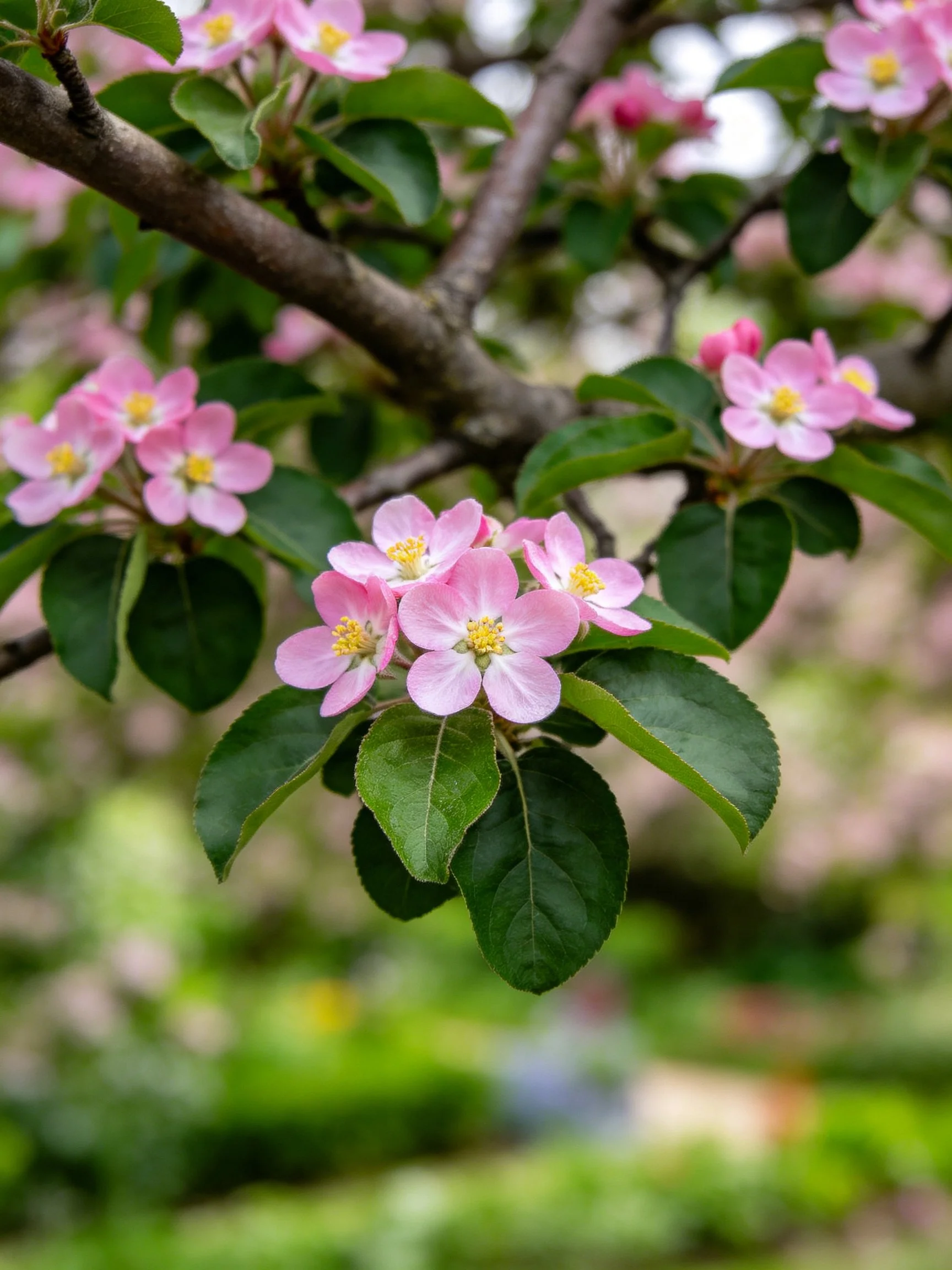 Pink apple blossoms cluster on dark branches with green leaves