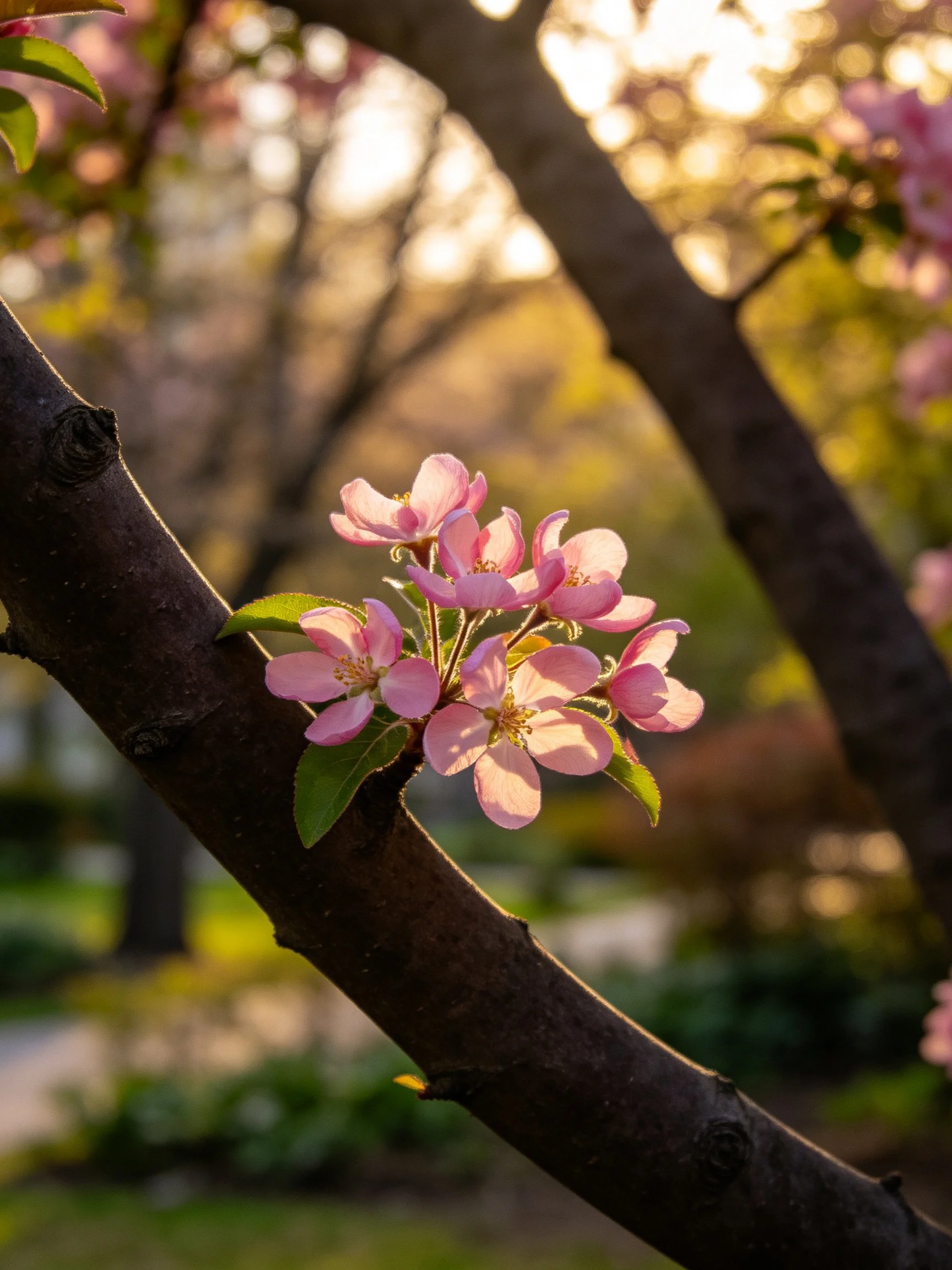 Pink apple blossoms on dark tree branches with golden sunlight