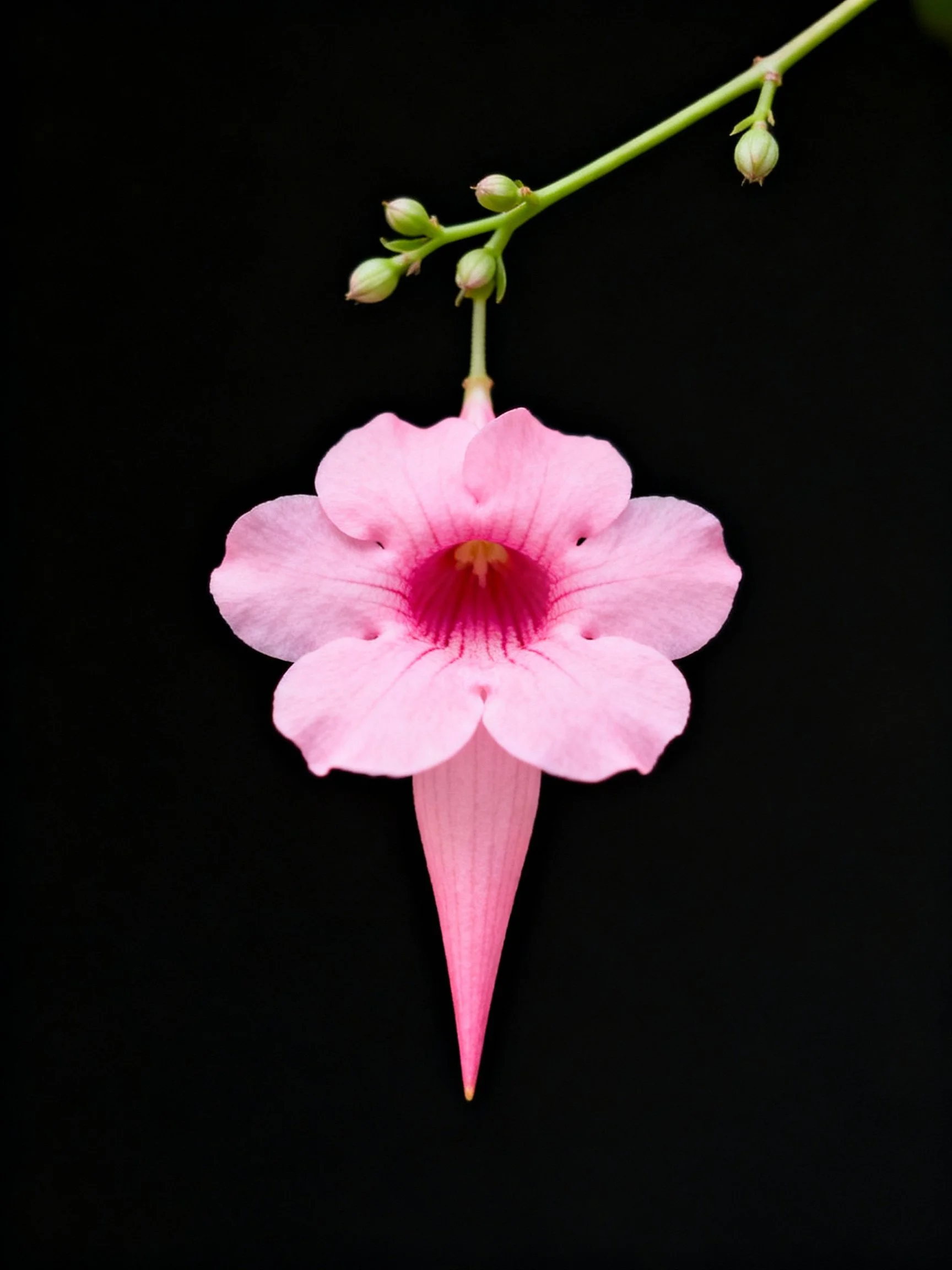 Pink bell - shaped flower with green buds on a black background