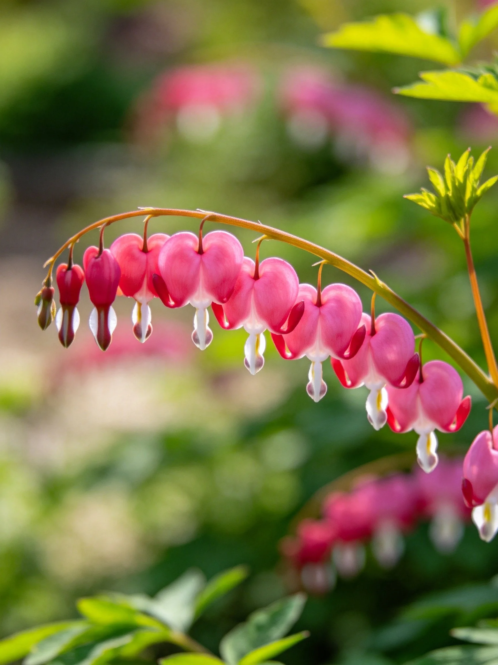 Pink bleeding heart blooms curve along a stem amid green foliage