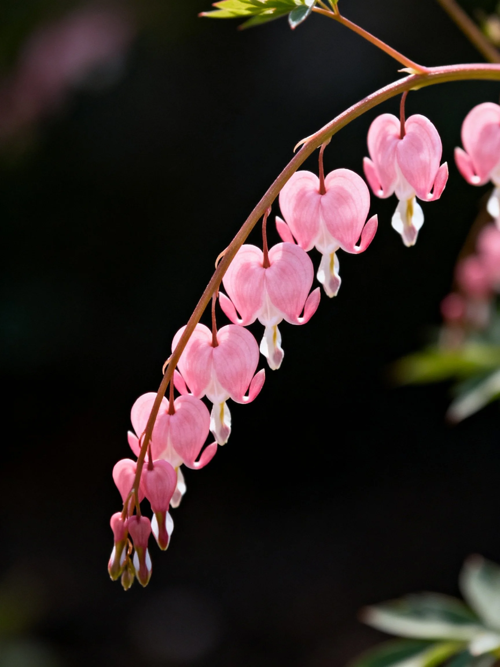 Pink bleeding heart flowers cascading along a curved brown stem