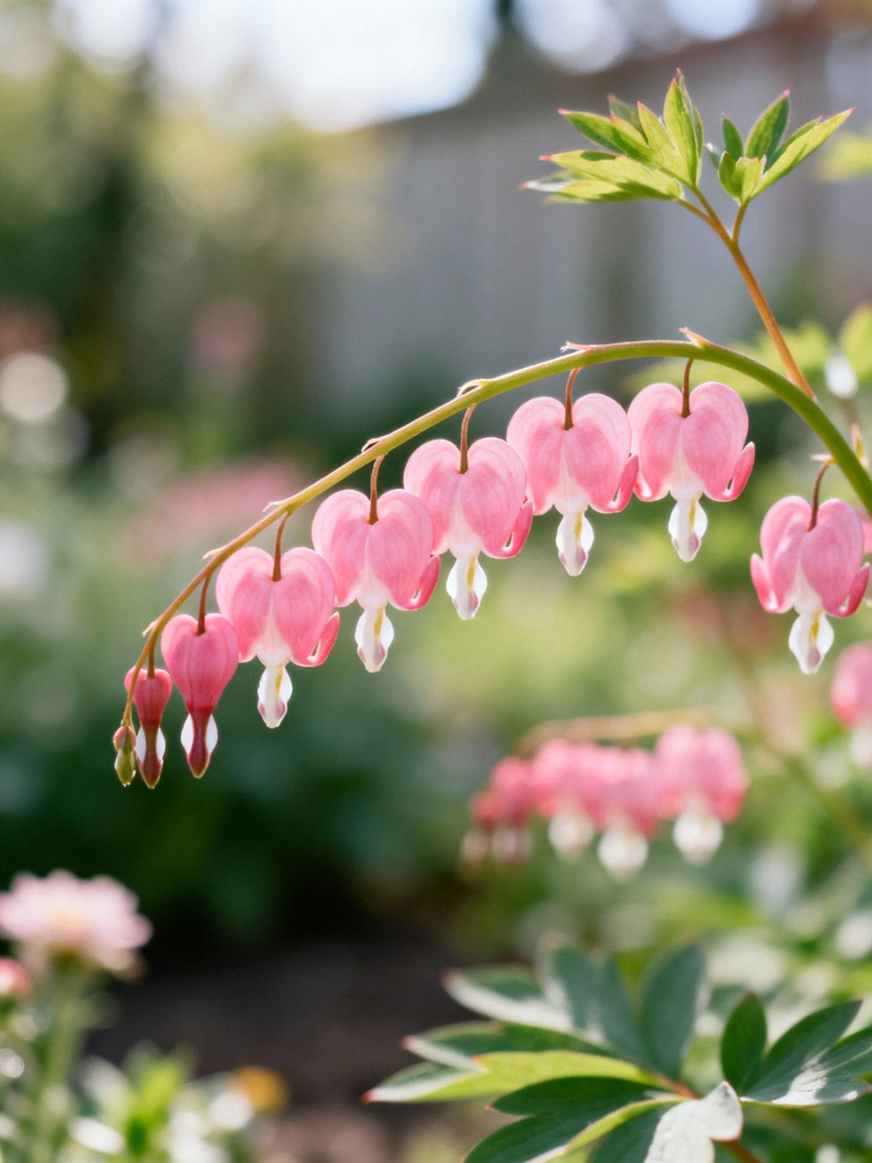 Pink bleeding heart flowers hang from curved stems in a sunlit garden.