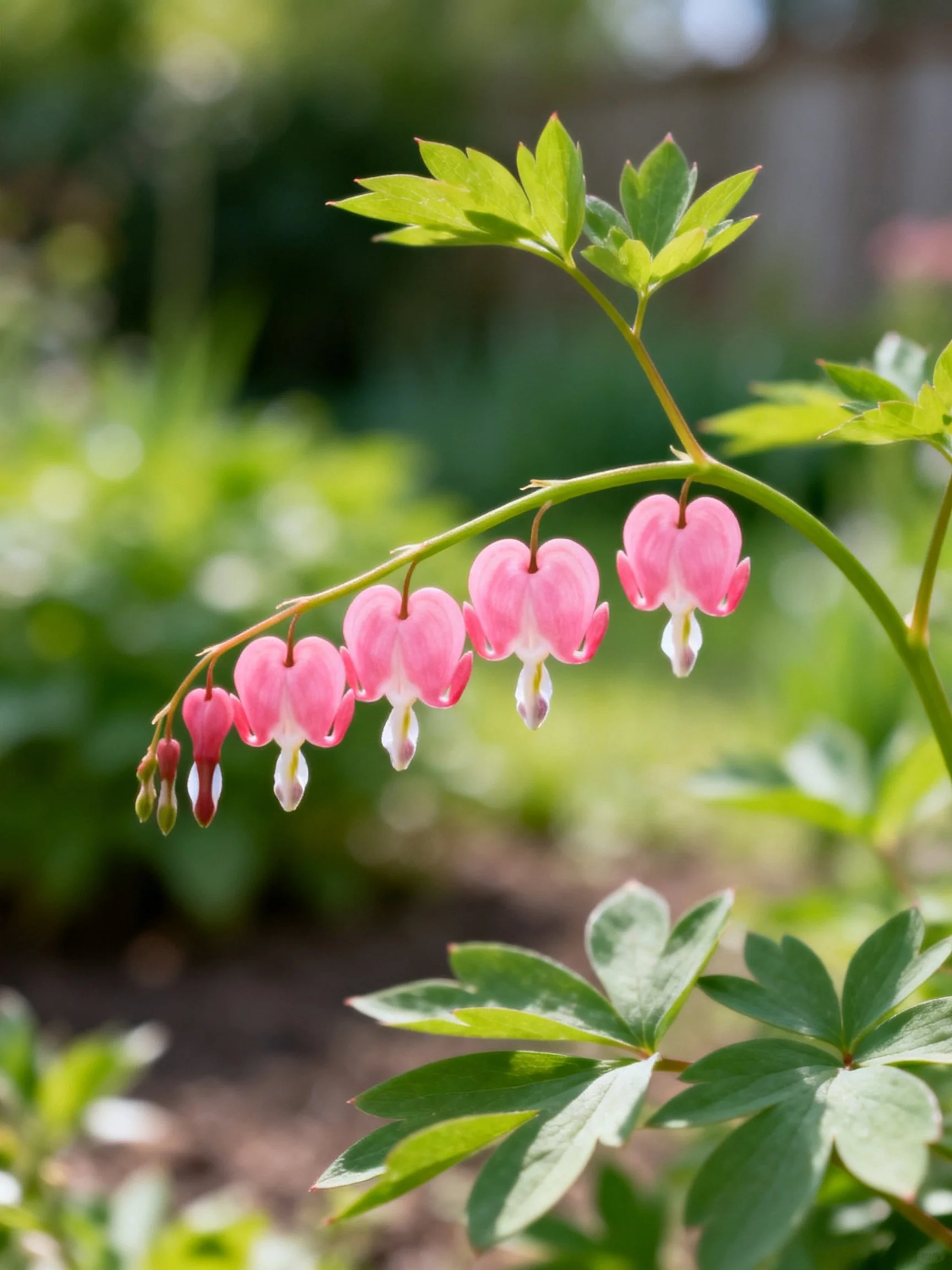 Pink bleeding hearts hang from curved stem amid lush greenery
