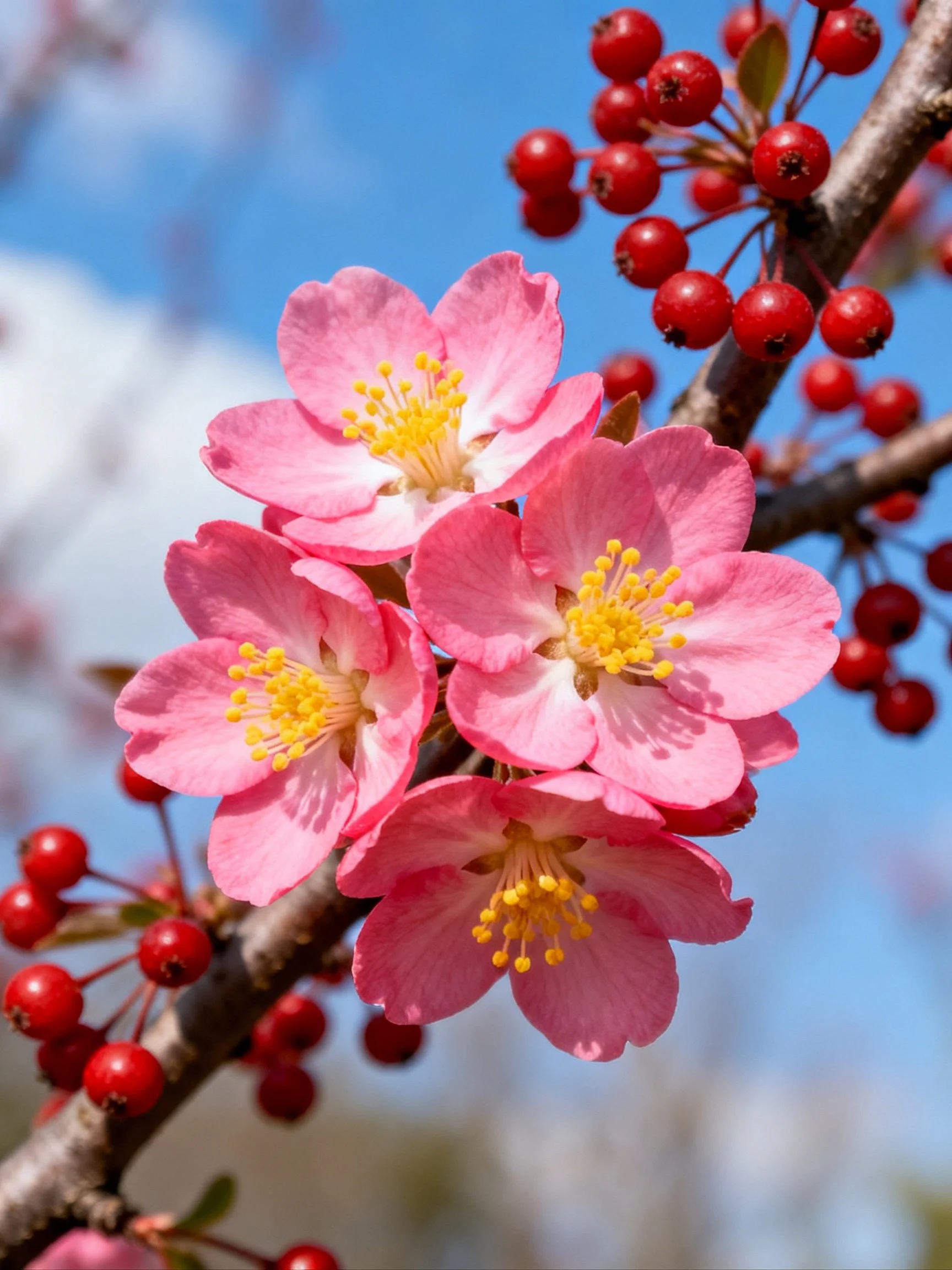 Pink blossoms and red berries adorn a tree branch under clear blue sky