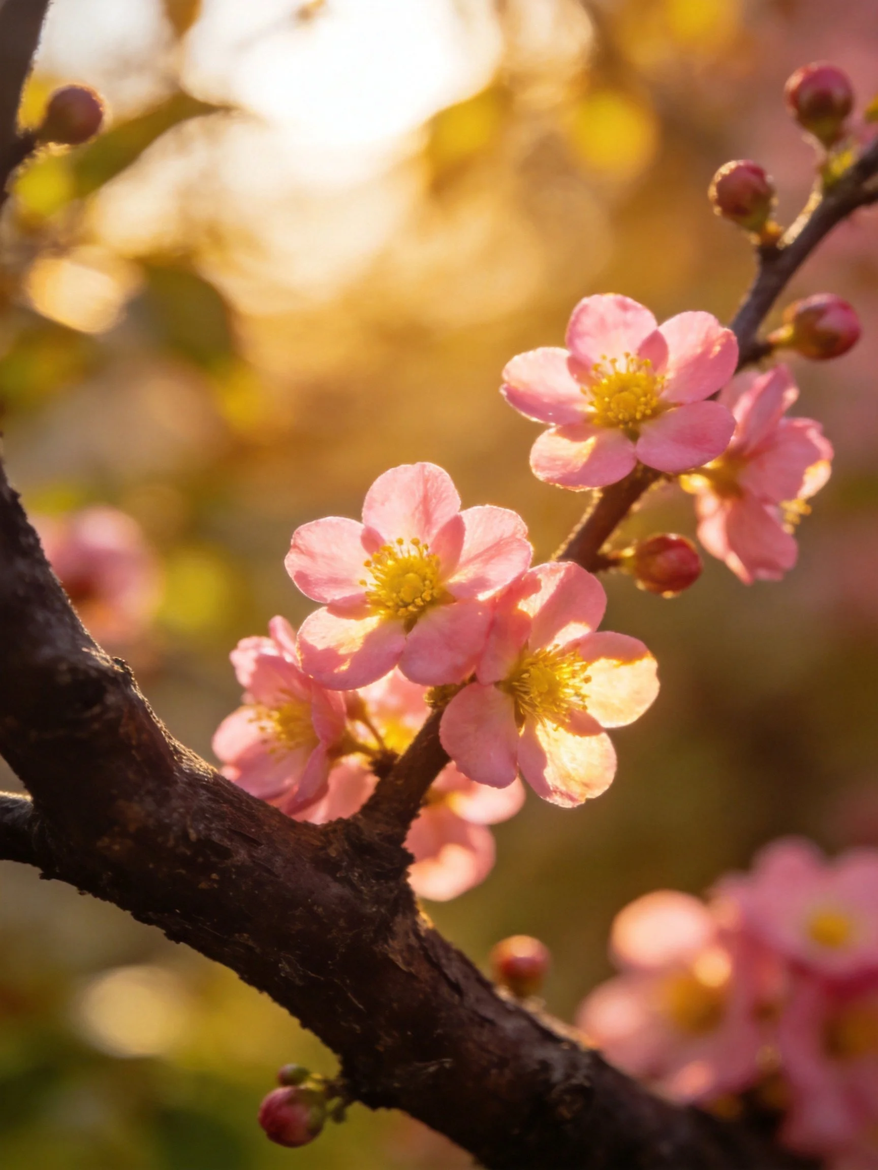 Pink blossoms bloom on dark branches amid golden bokeh
