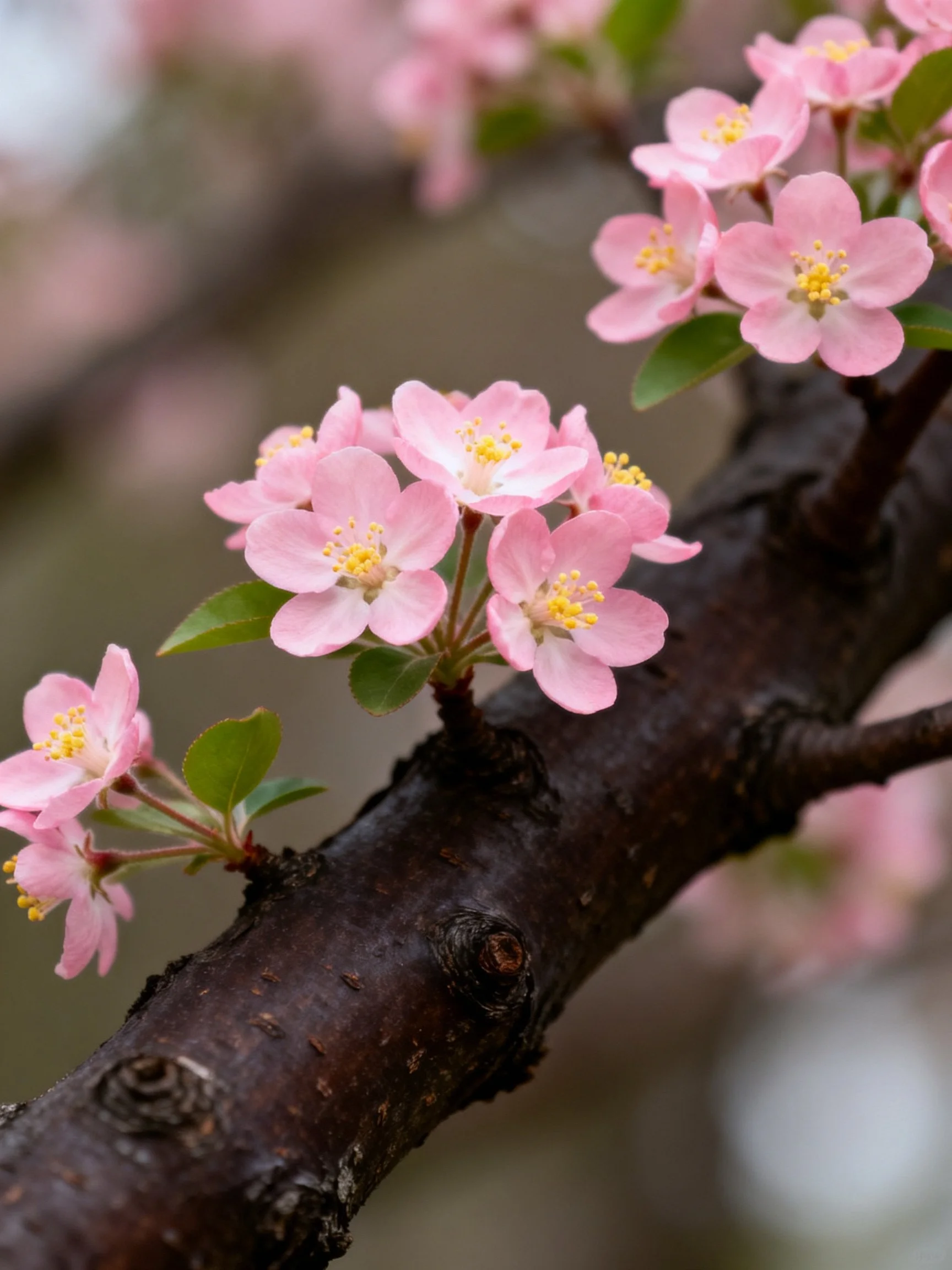 Pink blossoms cluster on a dark brown tree branch