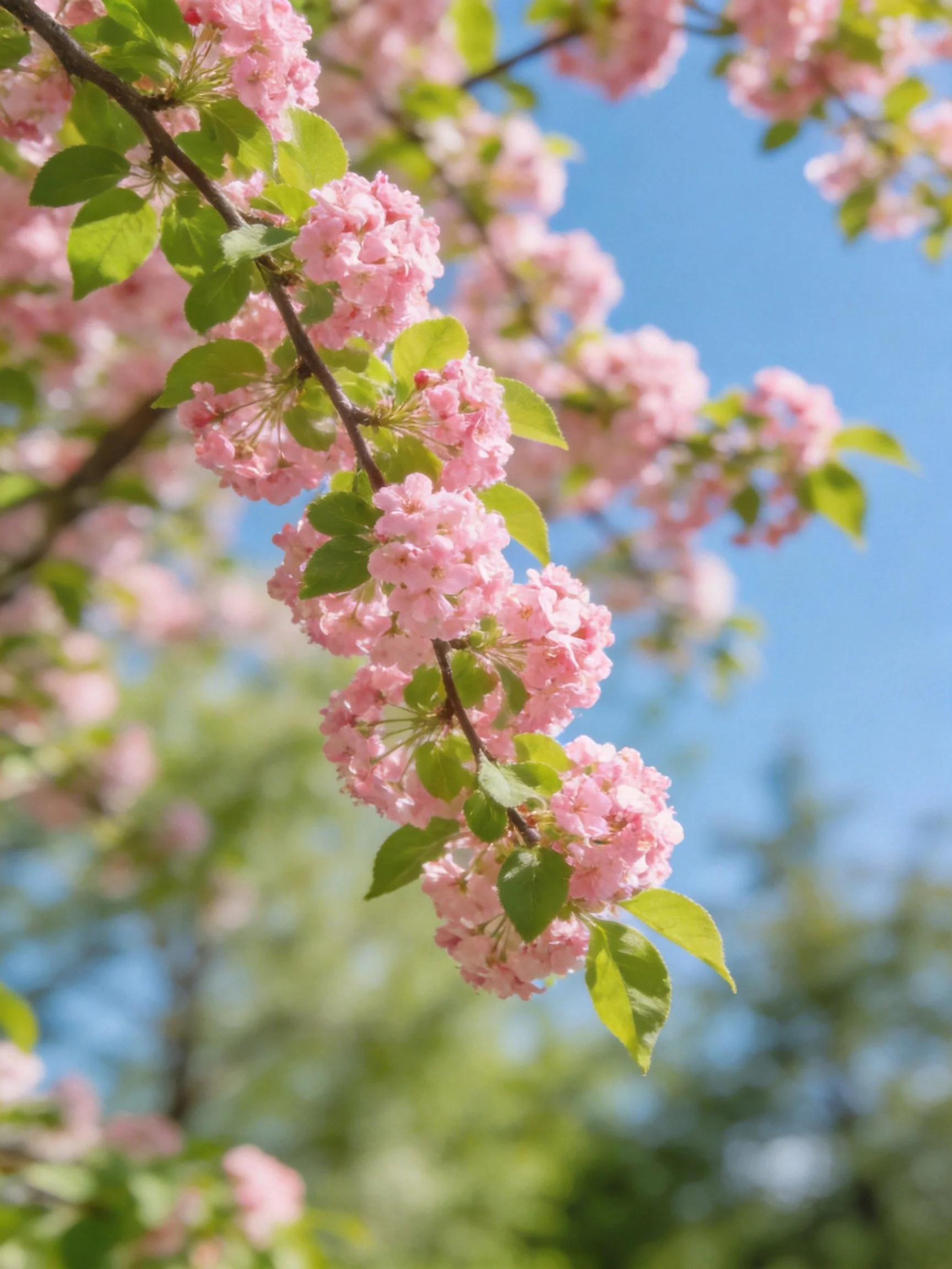 Pink blossoms cluster on dark branches against bright blue sky