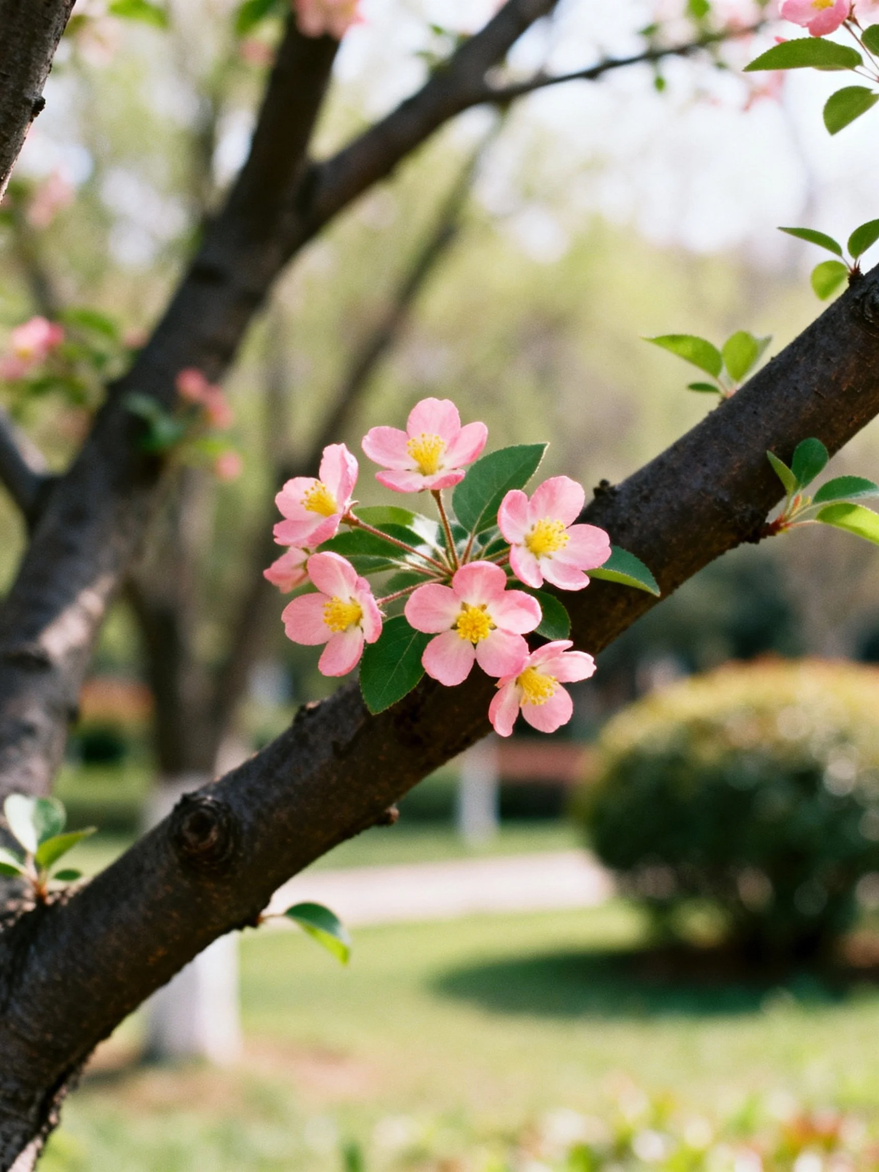 Pink blossoms cluster on dark tree branches in a sunlit park