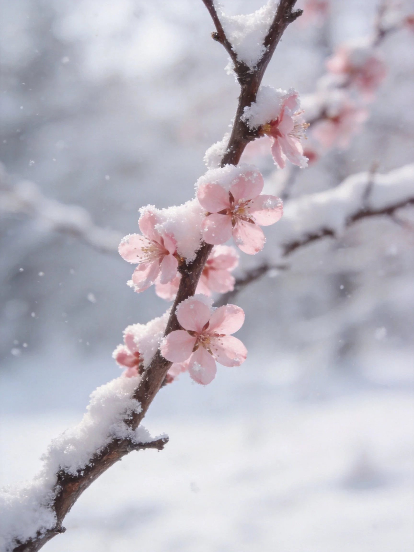 Pink blossoms dusted with fresh white snow on dark branches