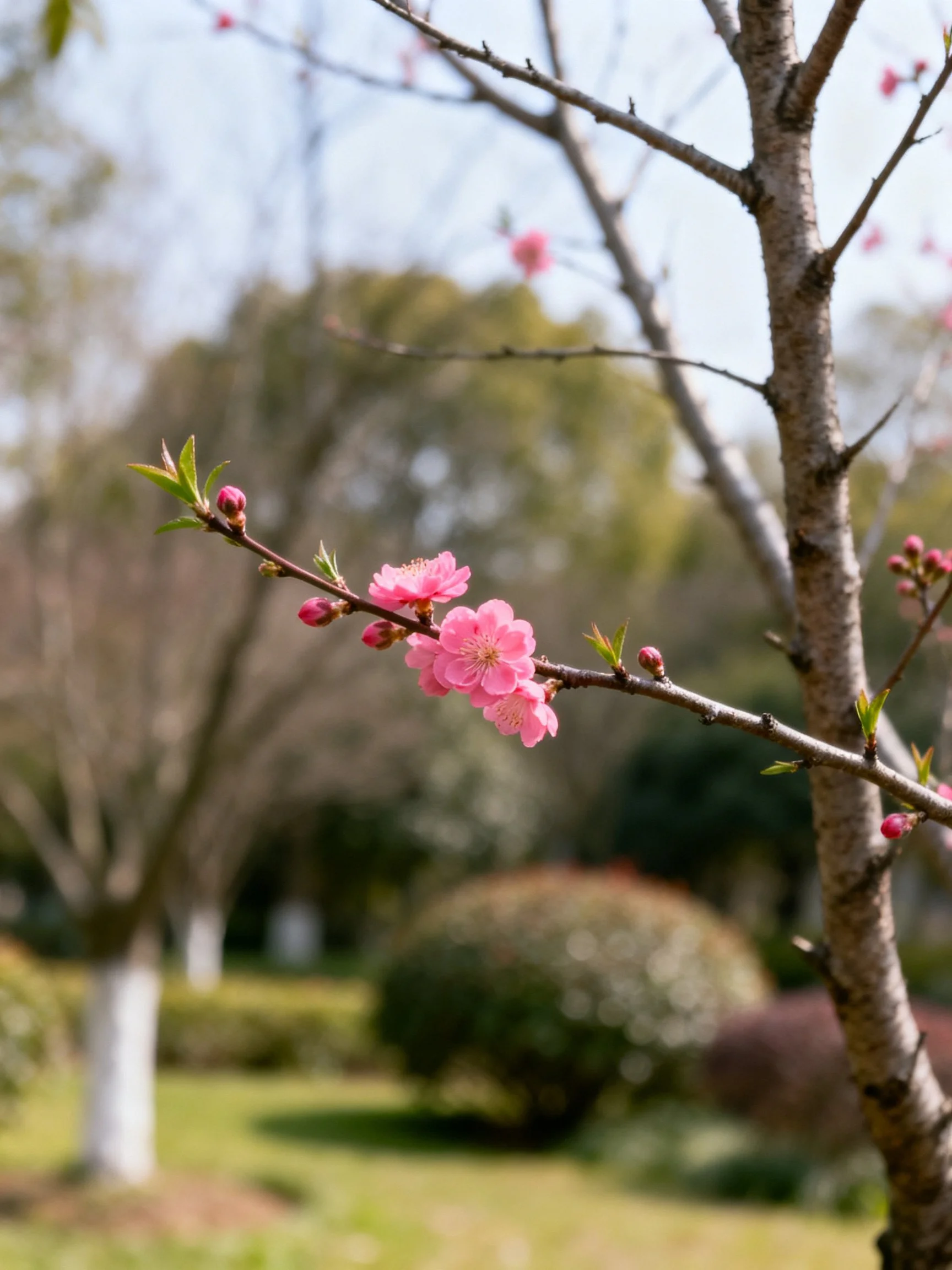 Pink blossoms on a tree branch in a sunlit park