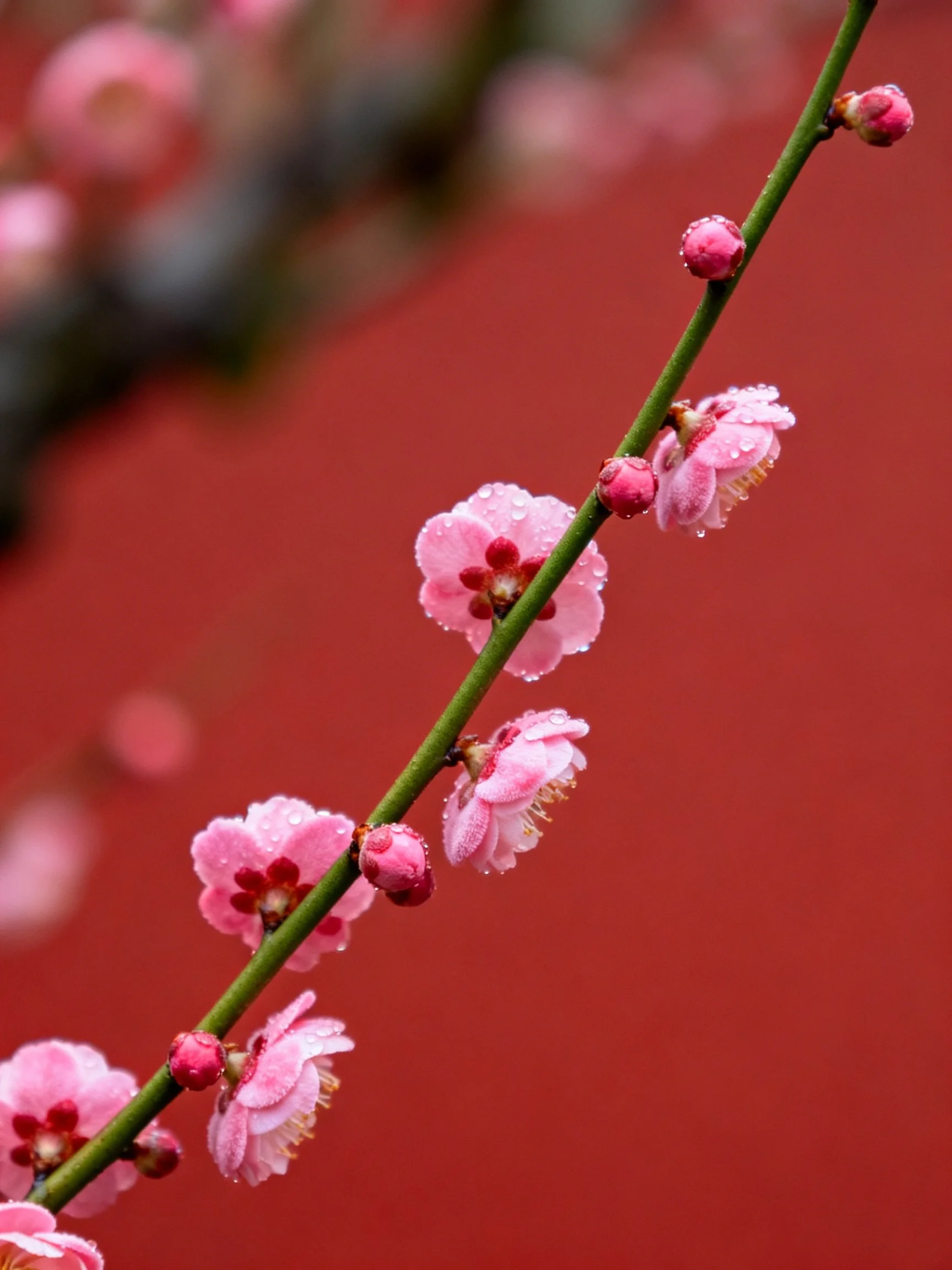 Pink blossoms with dewdrops on green stem against red background