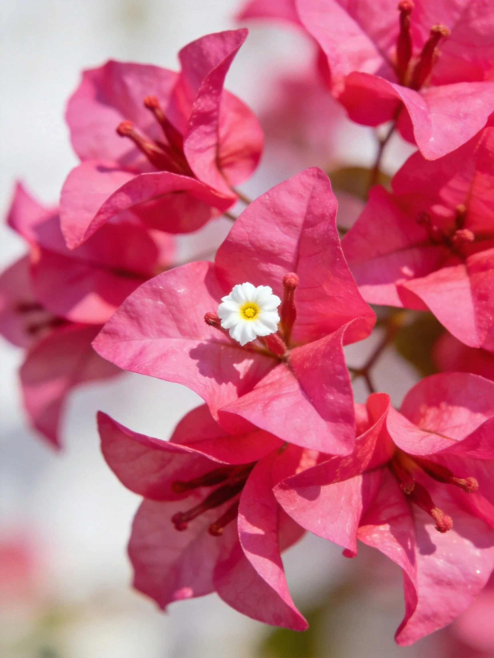 Pink bougainvillea blooms with a central white flower