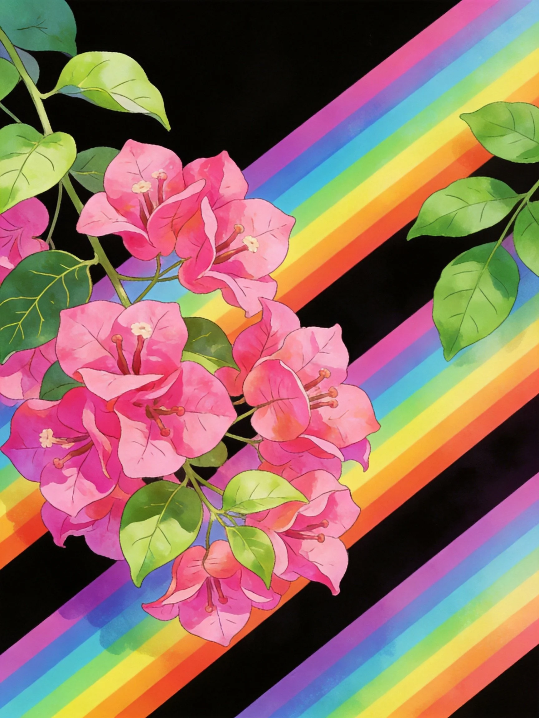 Pink bougainvillea flowers and green leaves with diagonal rainbow stripes on a black background