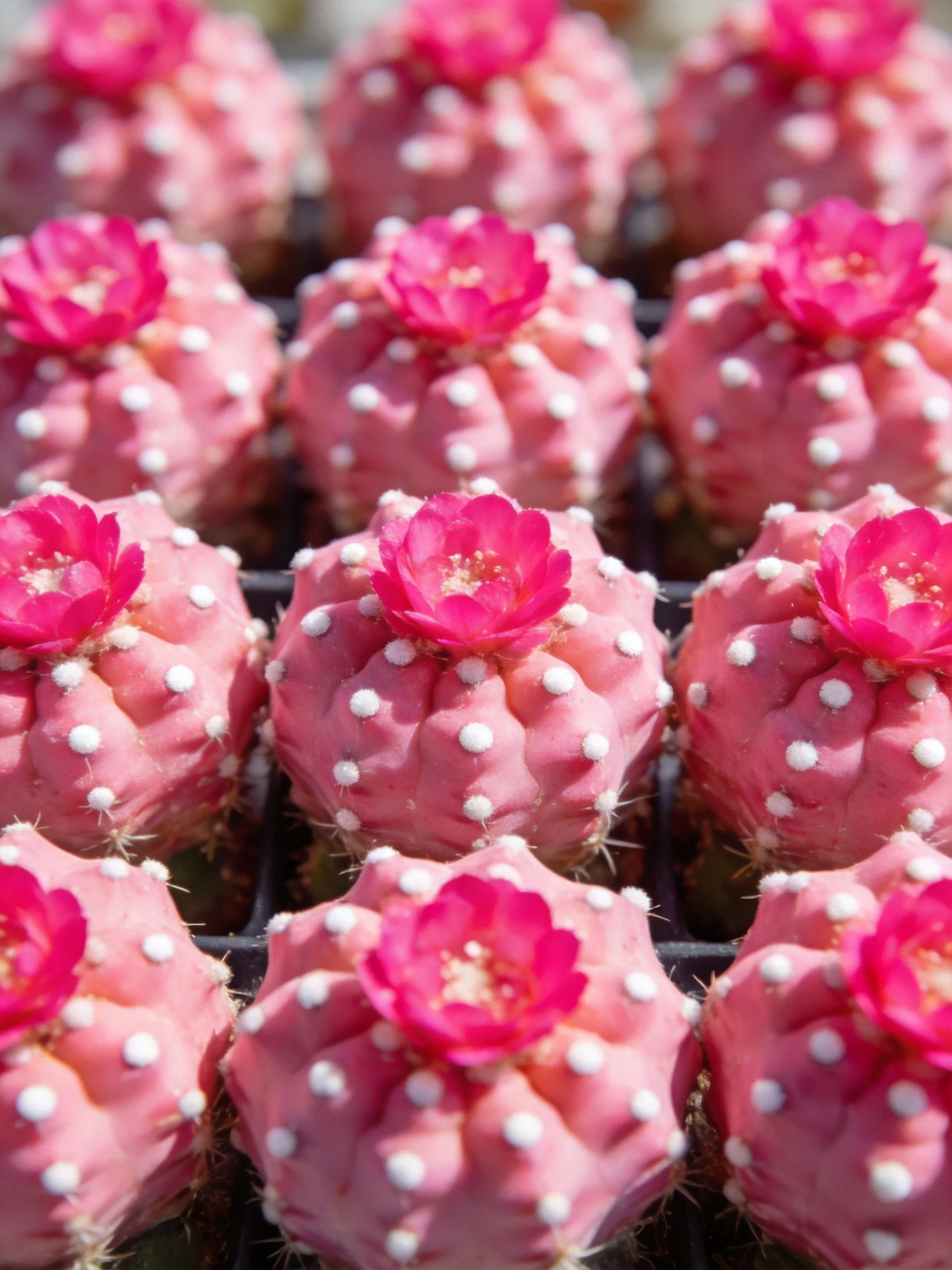 Pink cacti with magenta blooms arranged in neat rows