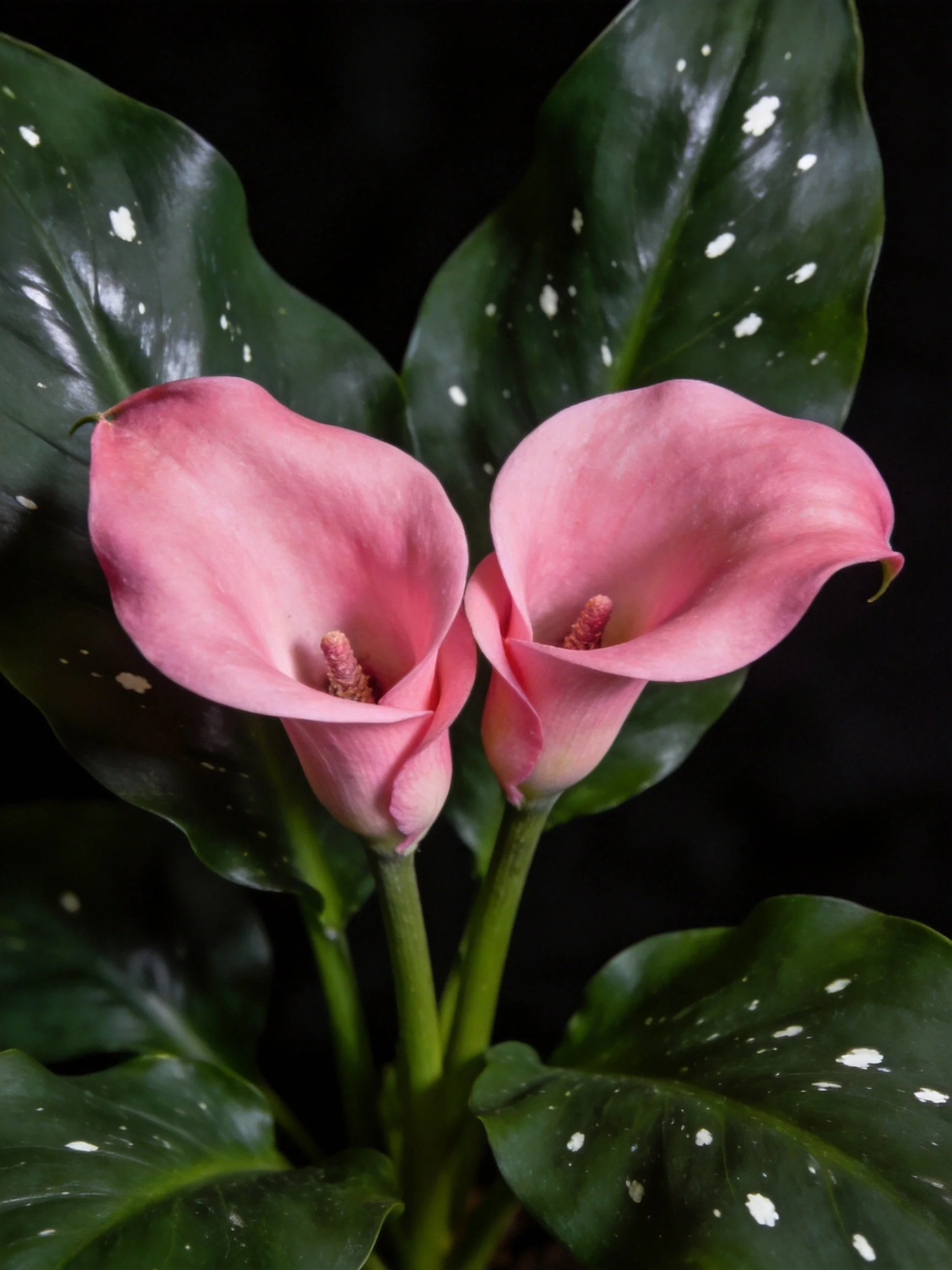 Pink calla lilies with spotted dark green leaves