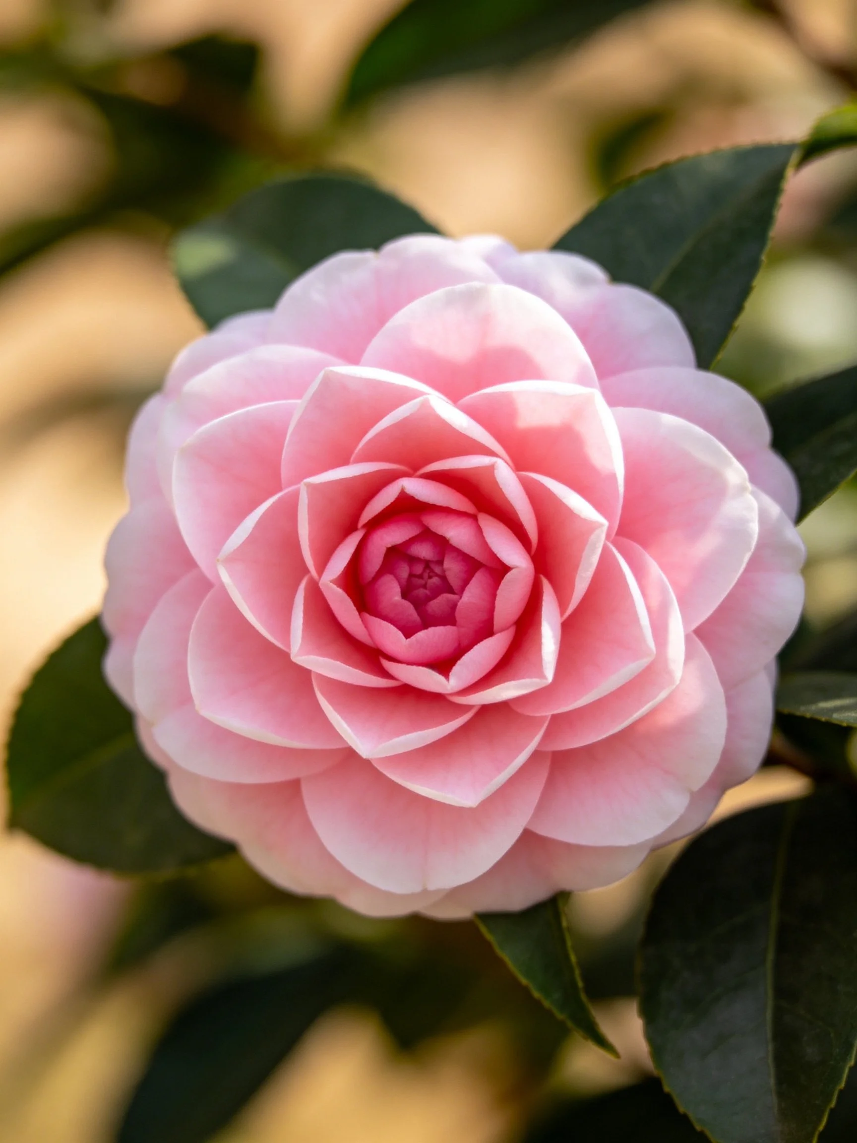 Pink camellia flower with layered petals and dark green leaves
