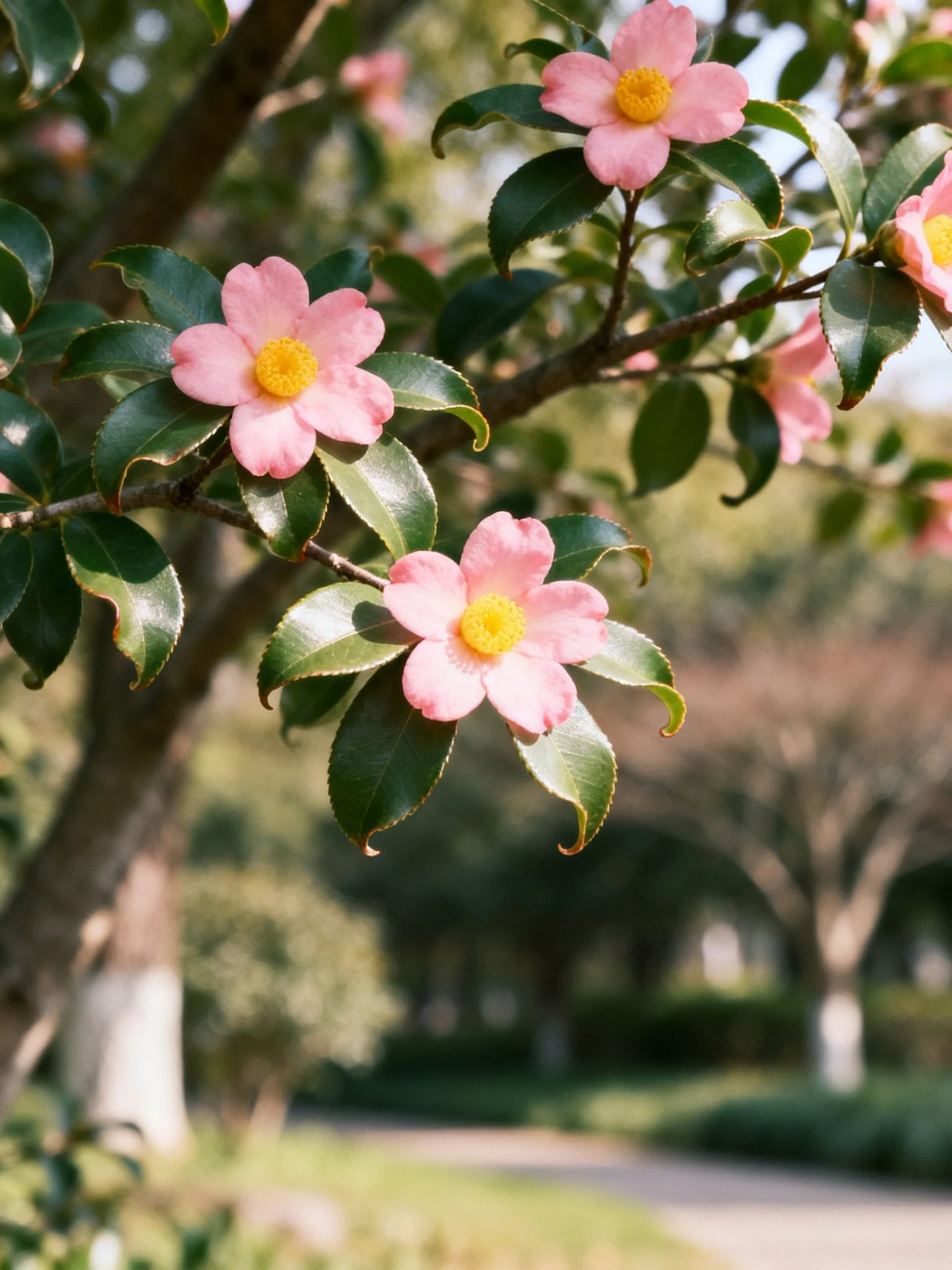 Pink camellia flowers with yellow centers among glossy leaves