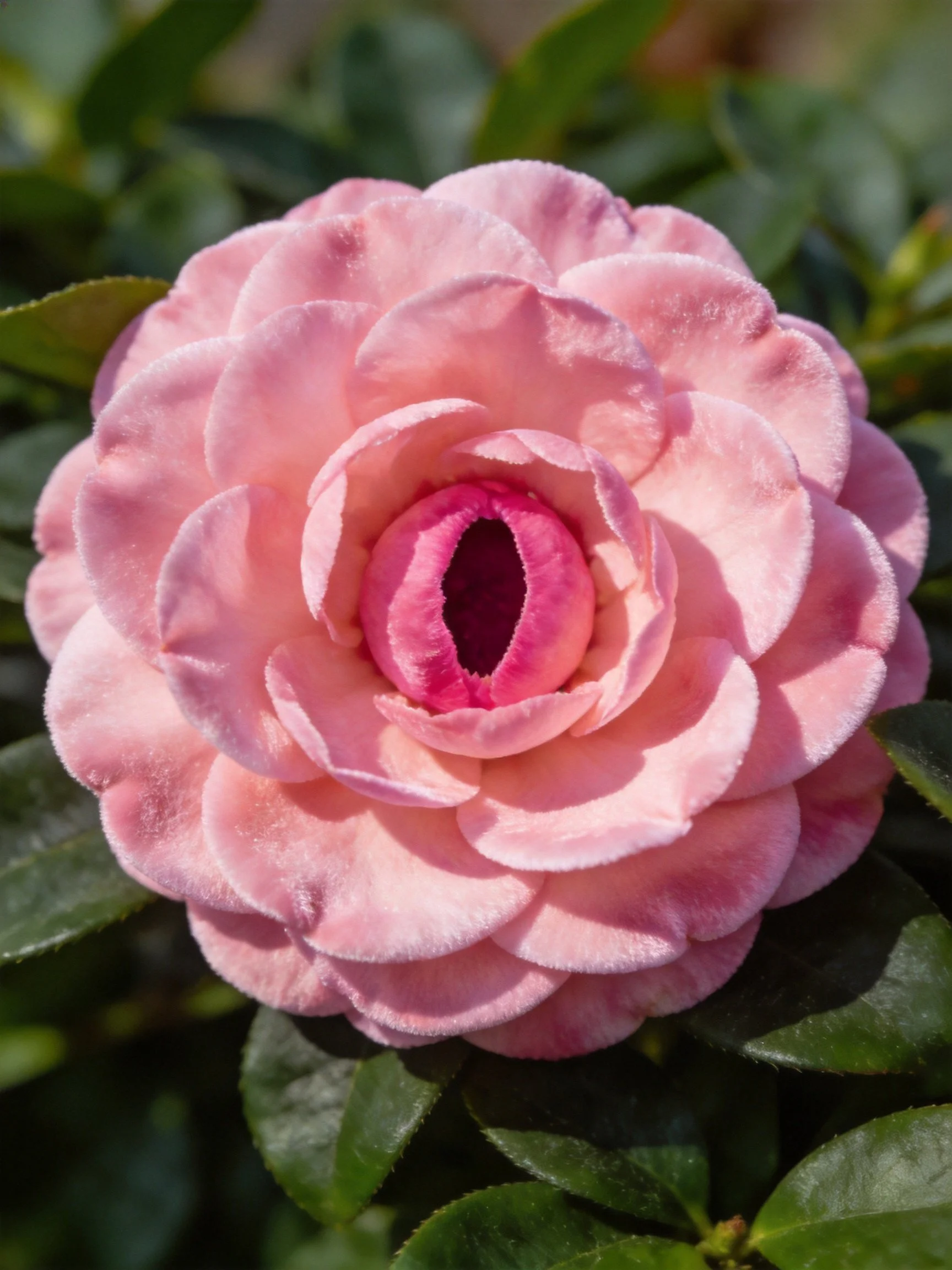 Pink camellia with layered petals and green leaves