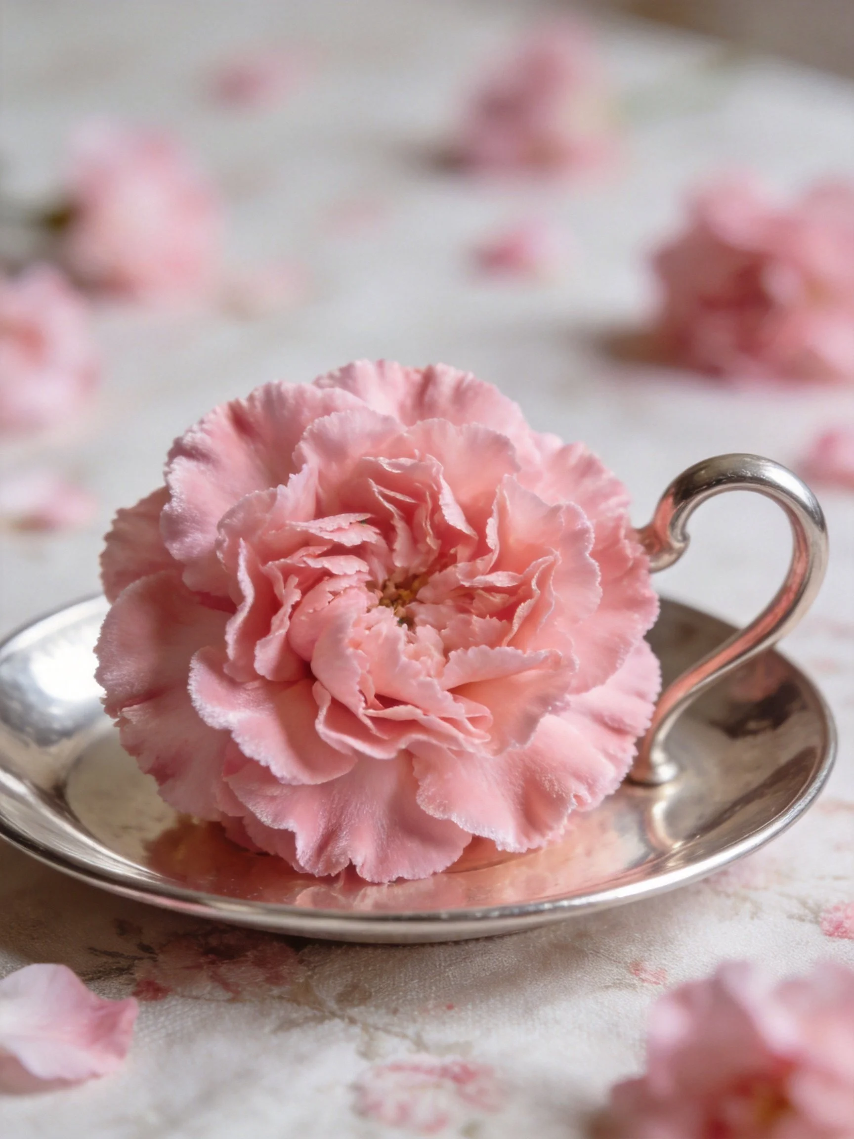 Pink carnation in polished silver dish amidst scattered blooms
