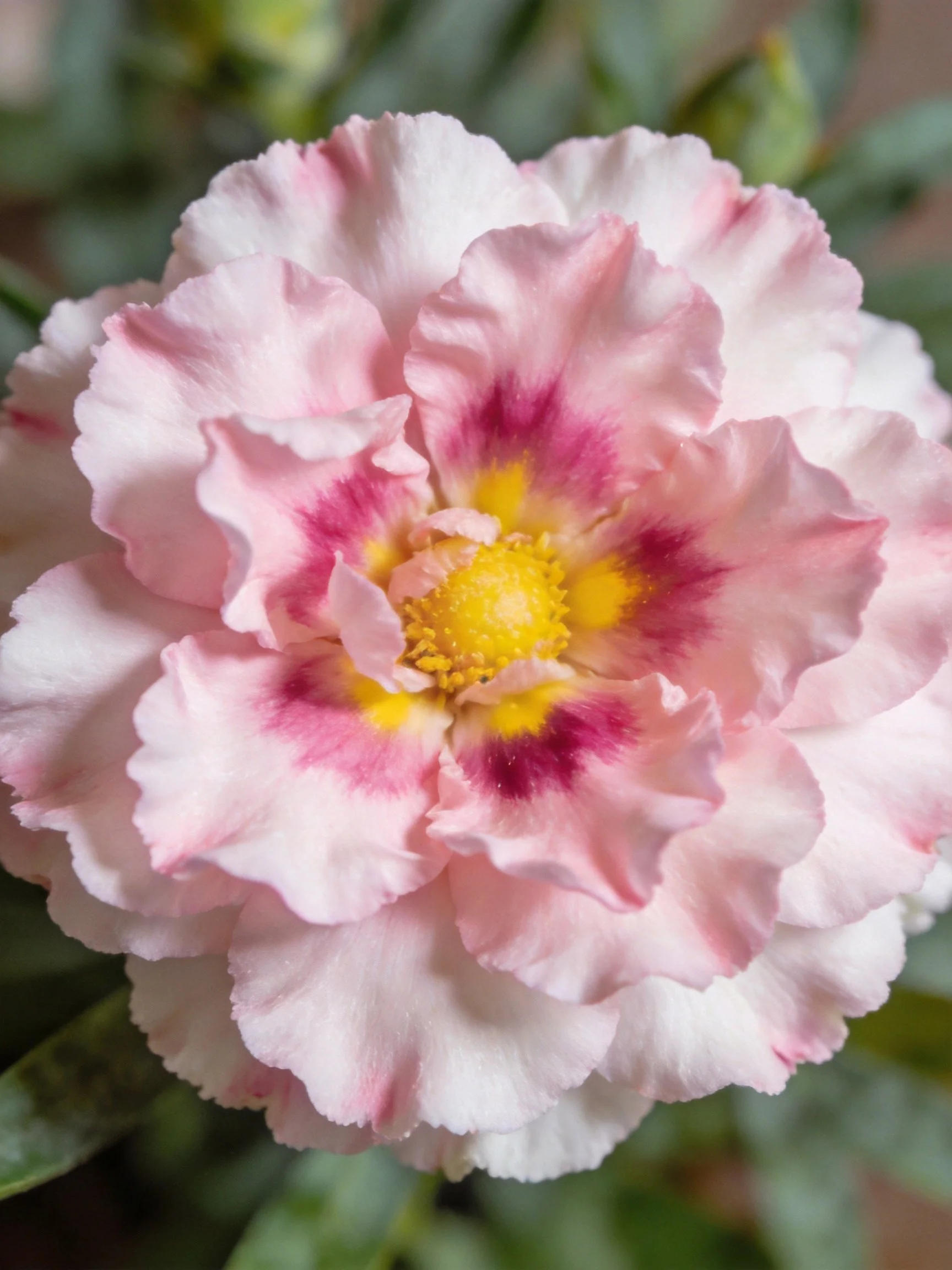 Pink carnation with layered petals and magenta-yellow center