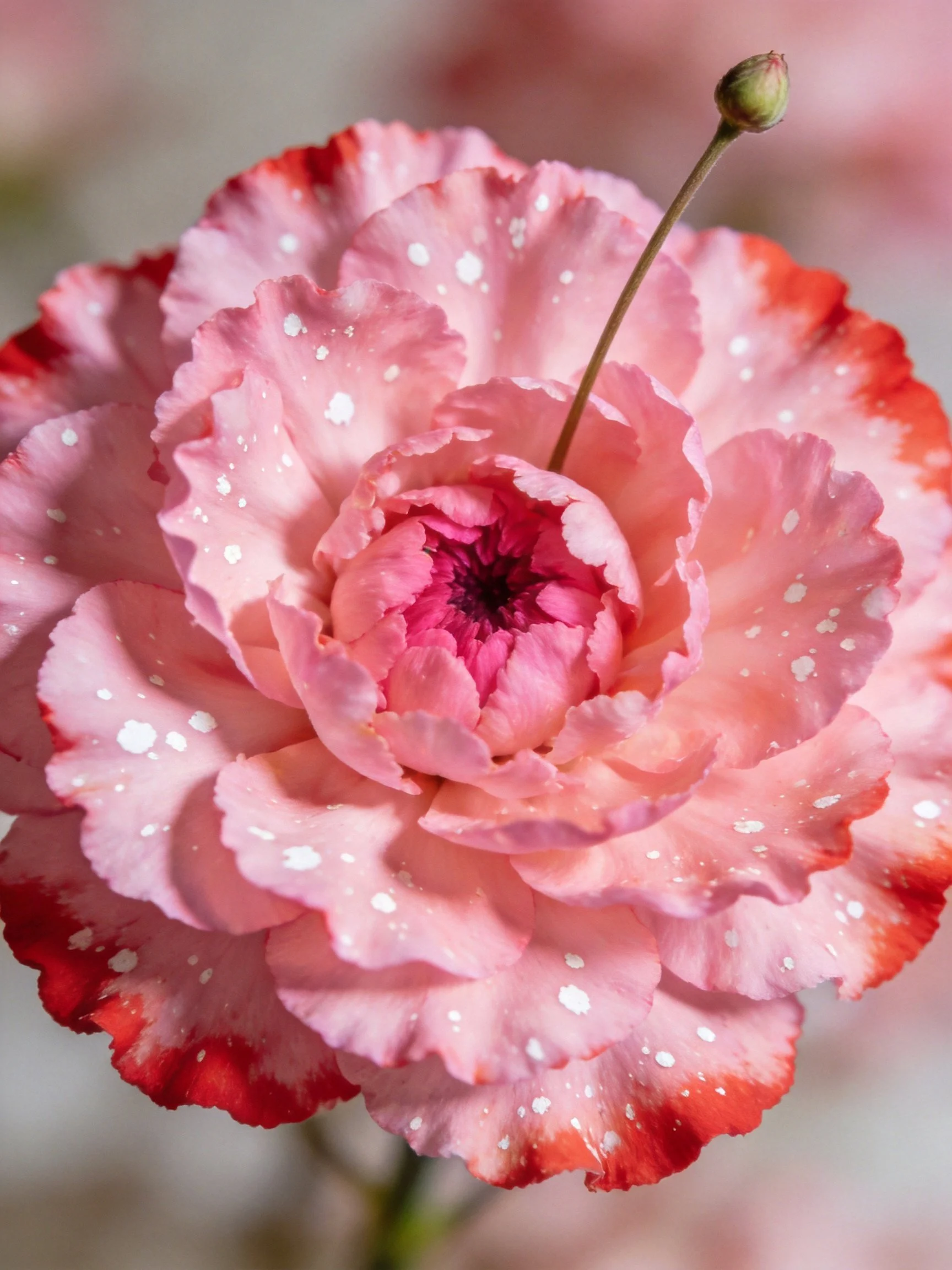Pink carnation with red-edged petals and white speckles