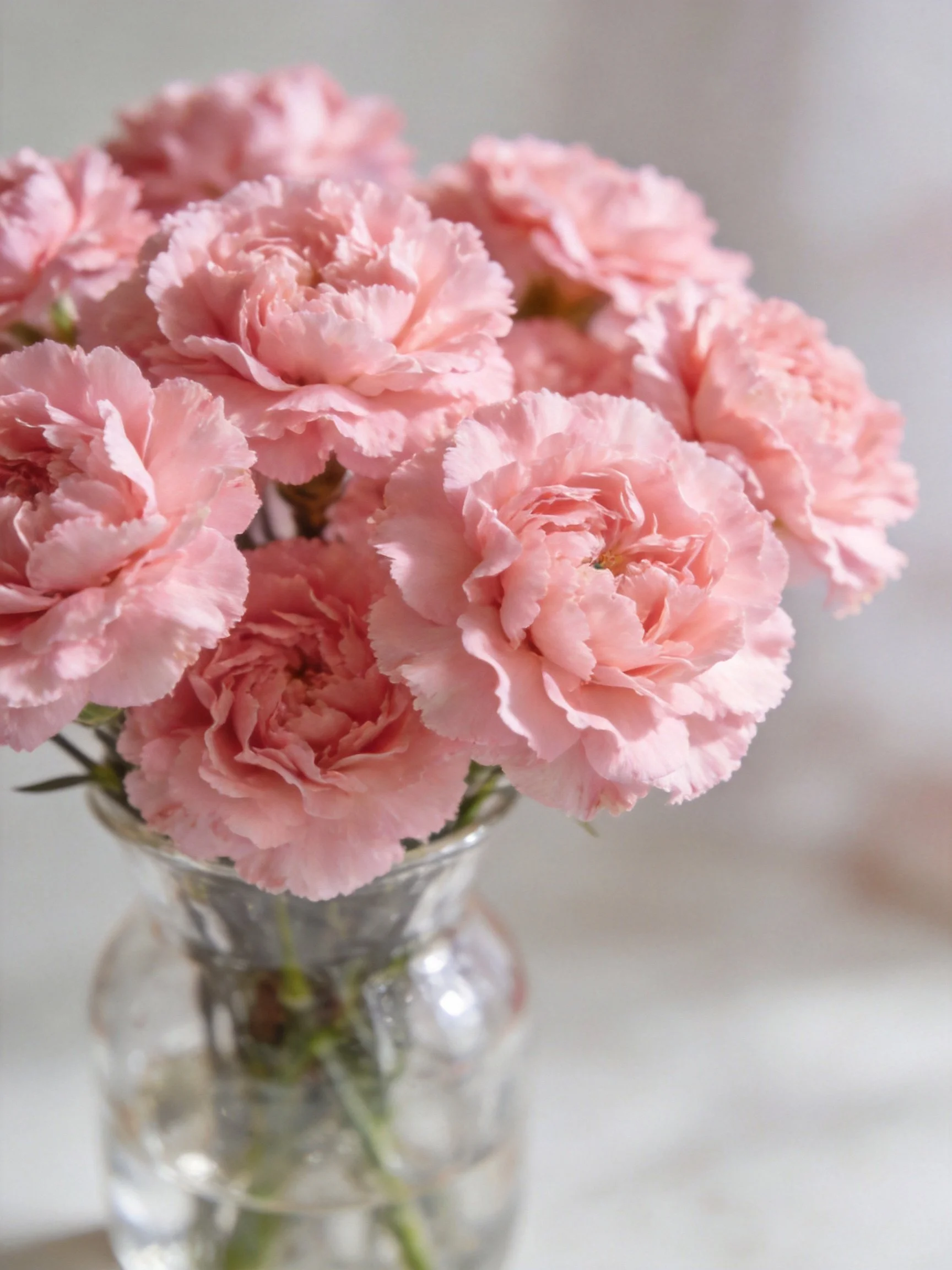 Pink carnations arranged in a clear glass vase