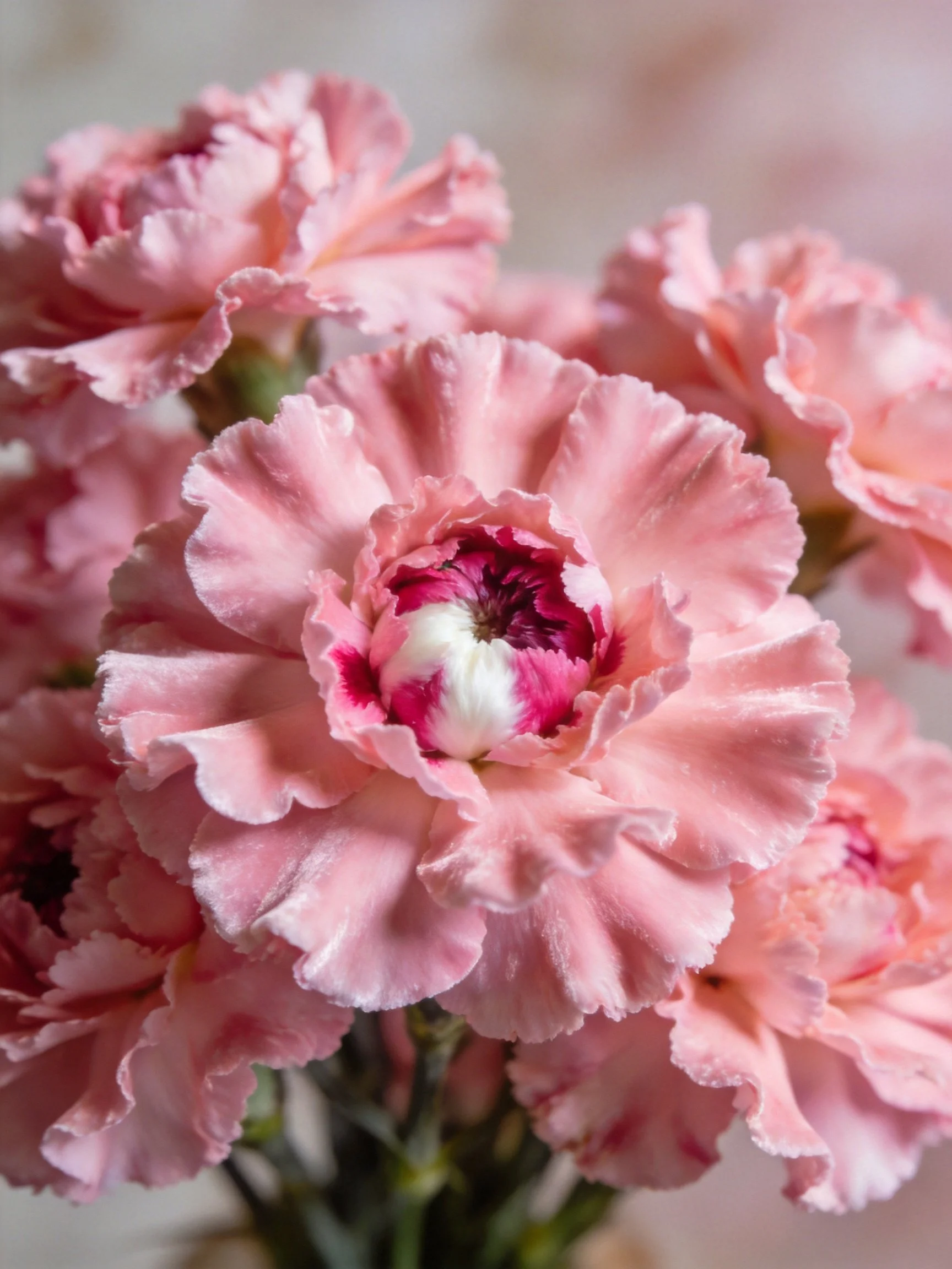 Pink carnations with ruffled petals and central color variation