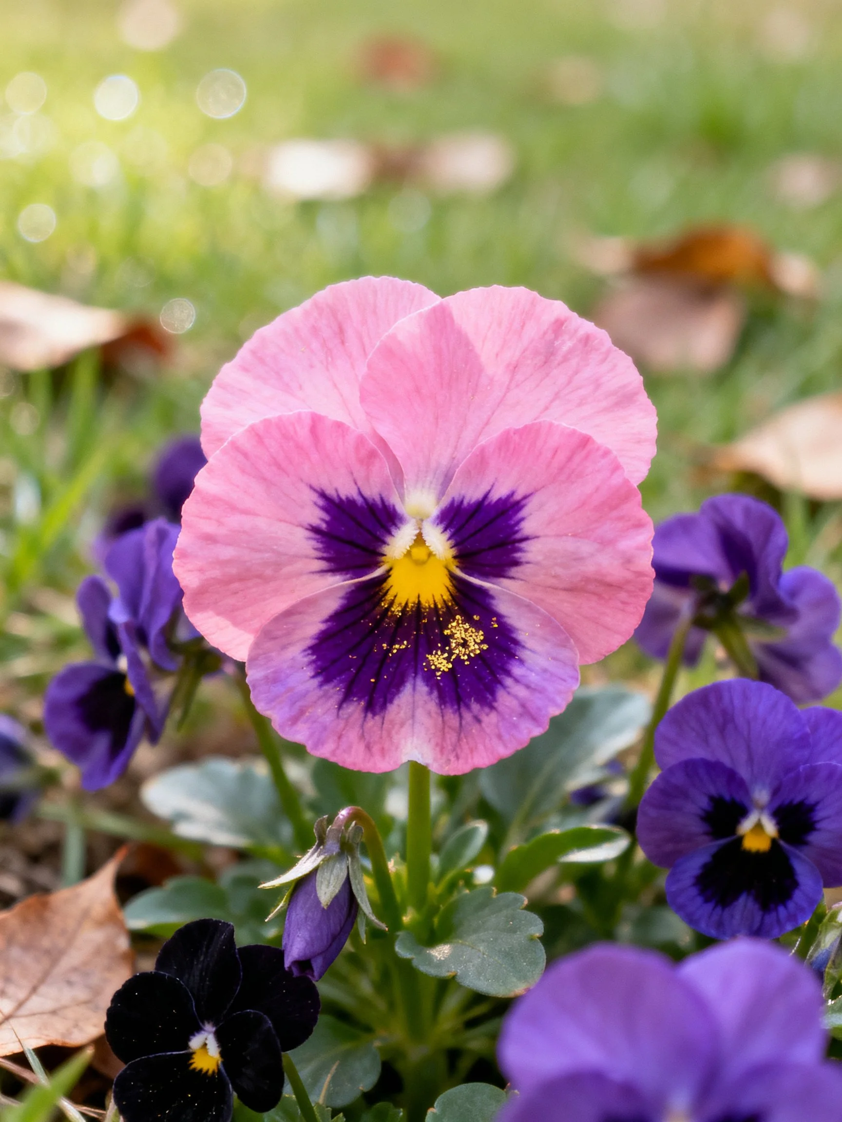 Pink-centered pansy among purple and black flowers in a grassy setting
