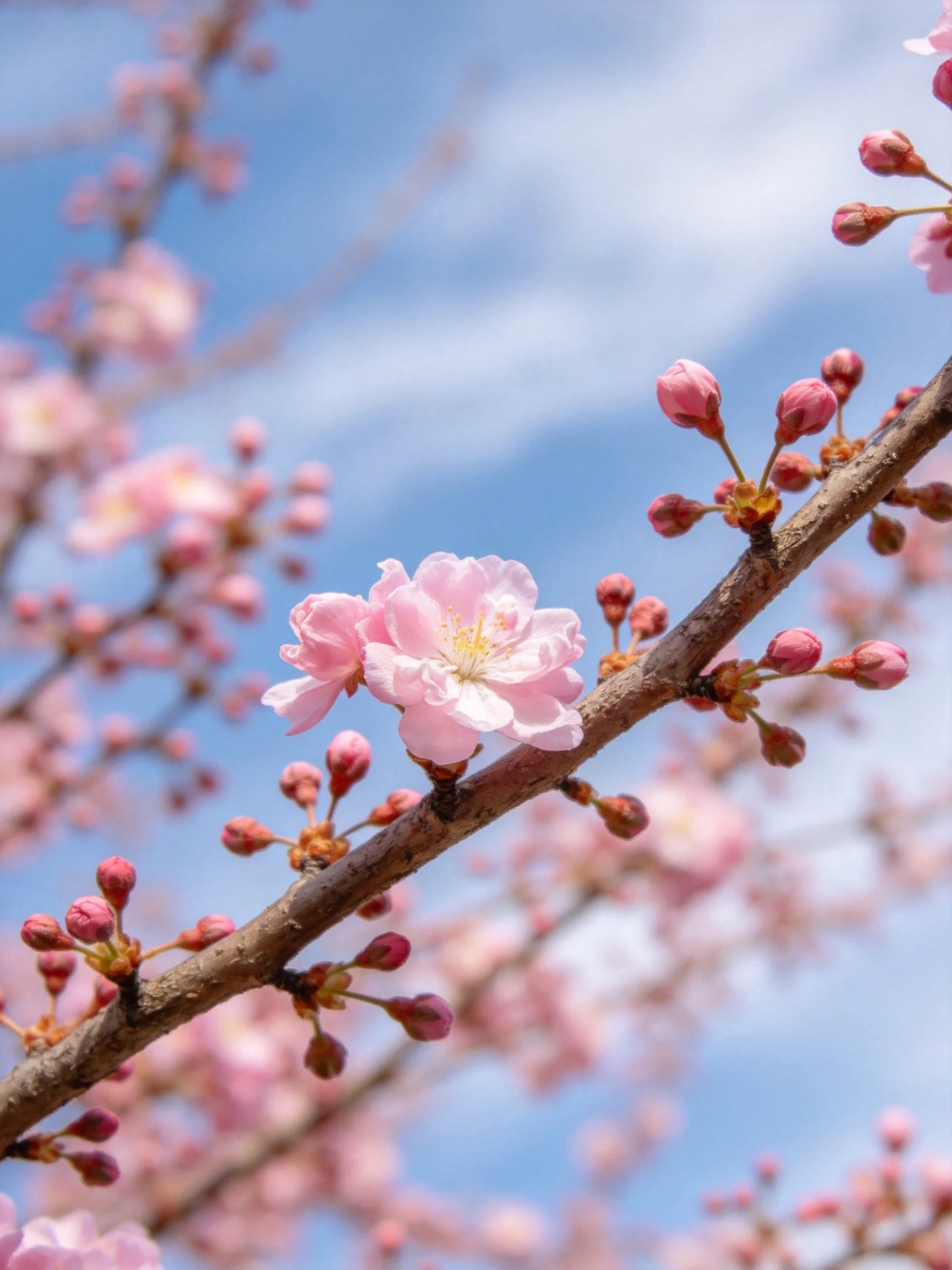 Pink cherry blossom blooms and buds on a brown tree branch against a clear blue sky