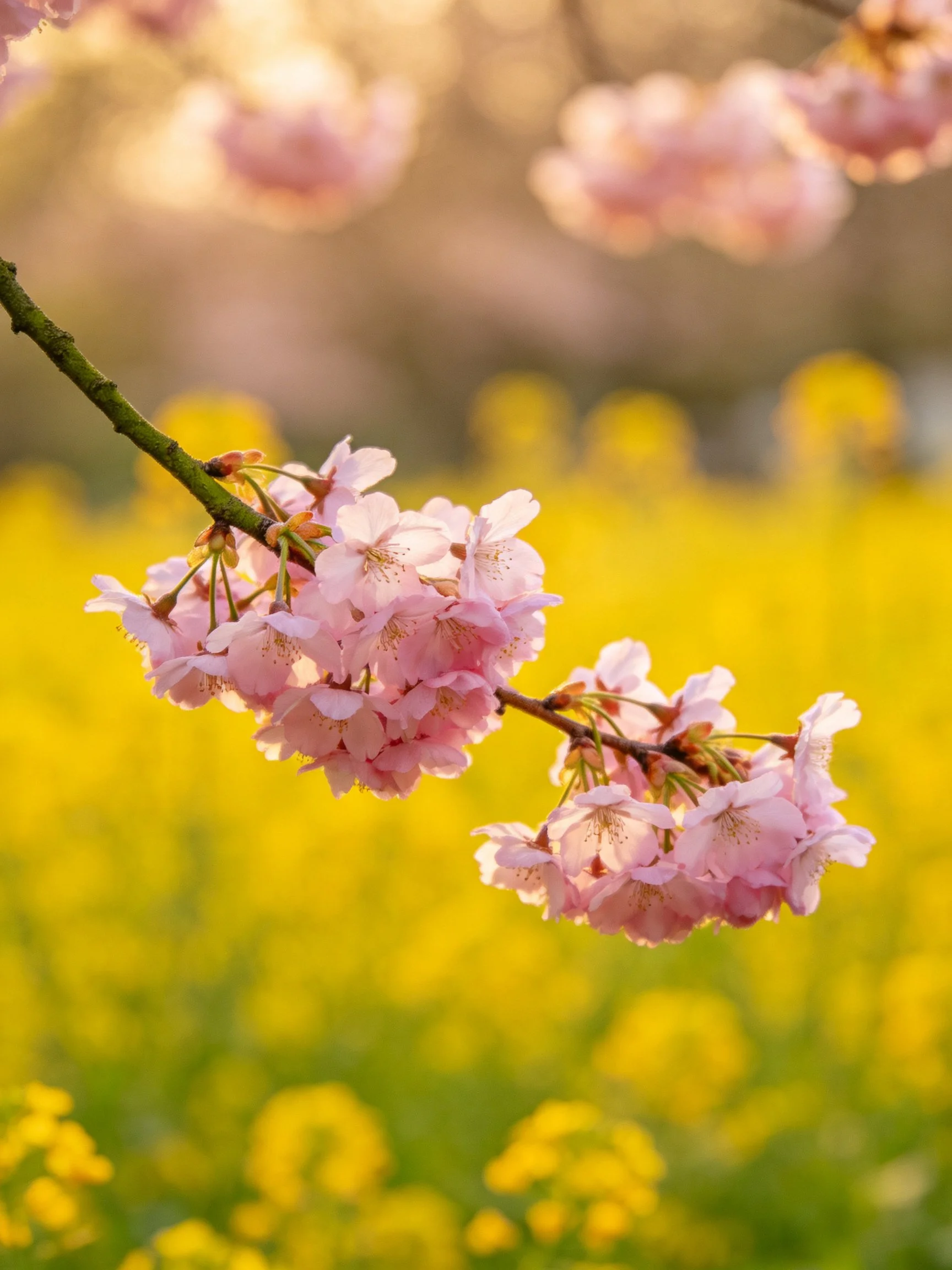 Pink cherry blossom branch amid golden-yellowfloral landscape