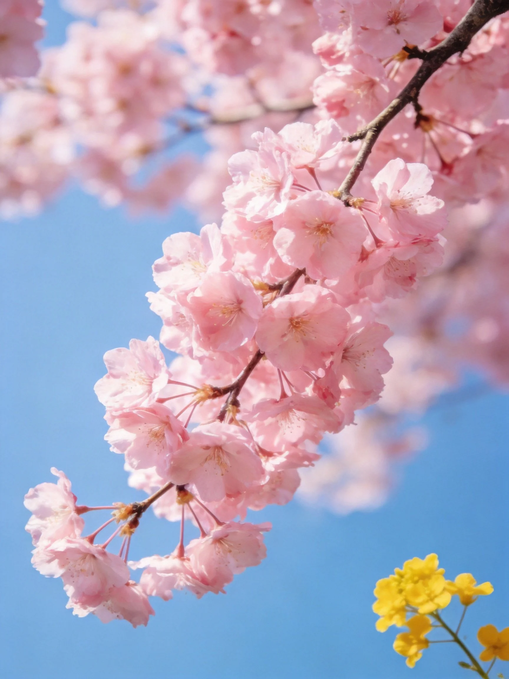 Pink cherry blossom branches against clear blue sky with yellow blooms