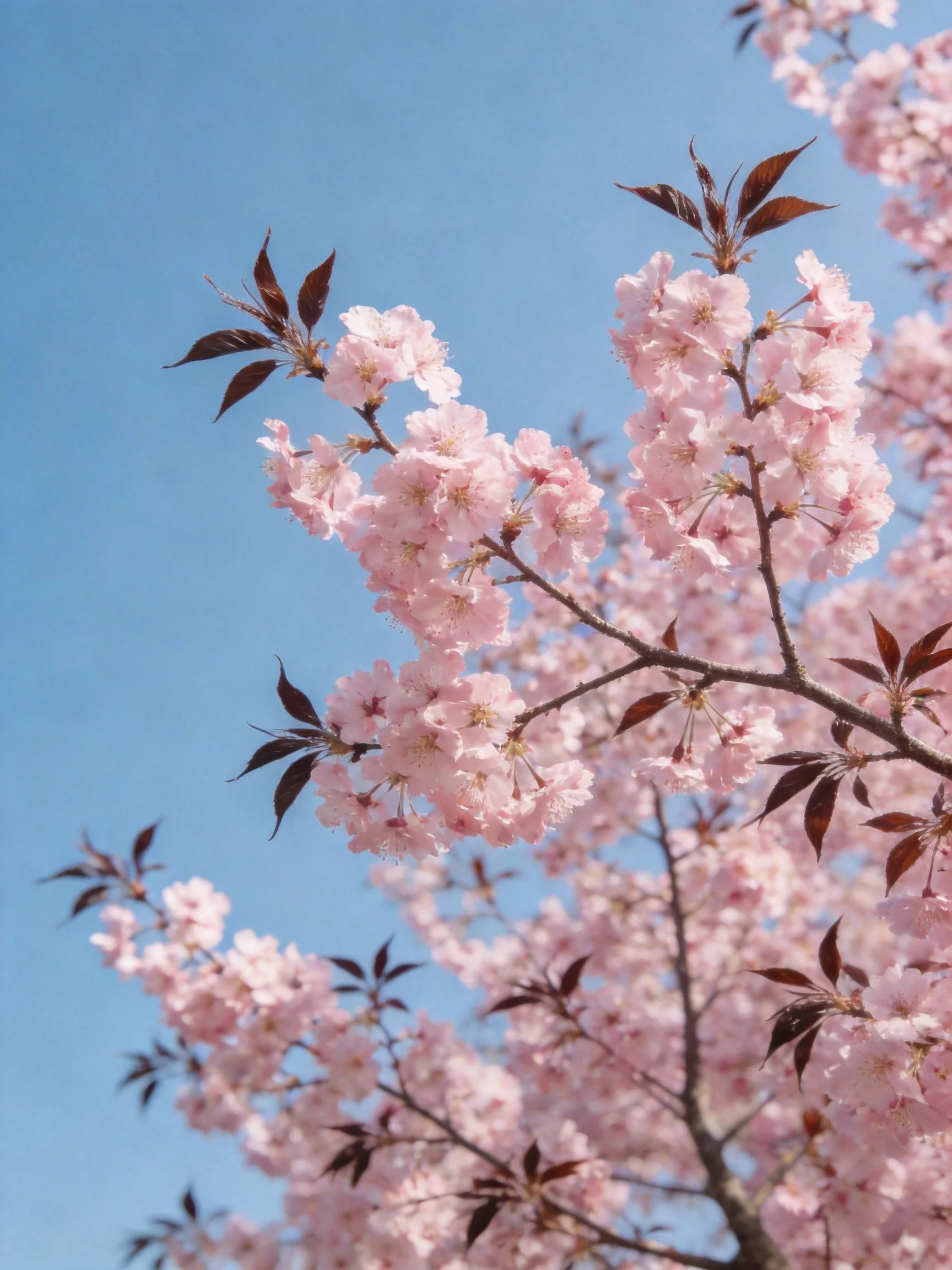 Pink cherry blossom branches with dark leaves under bright blue sky