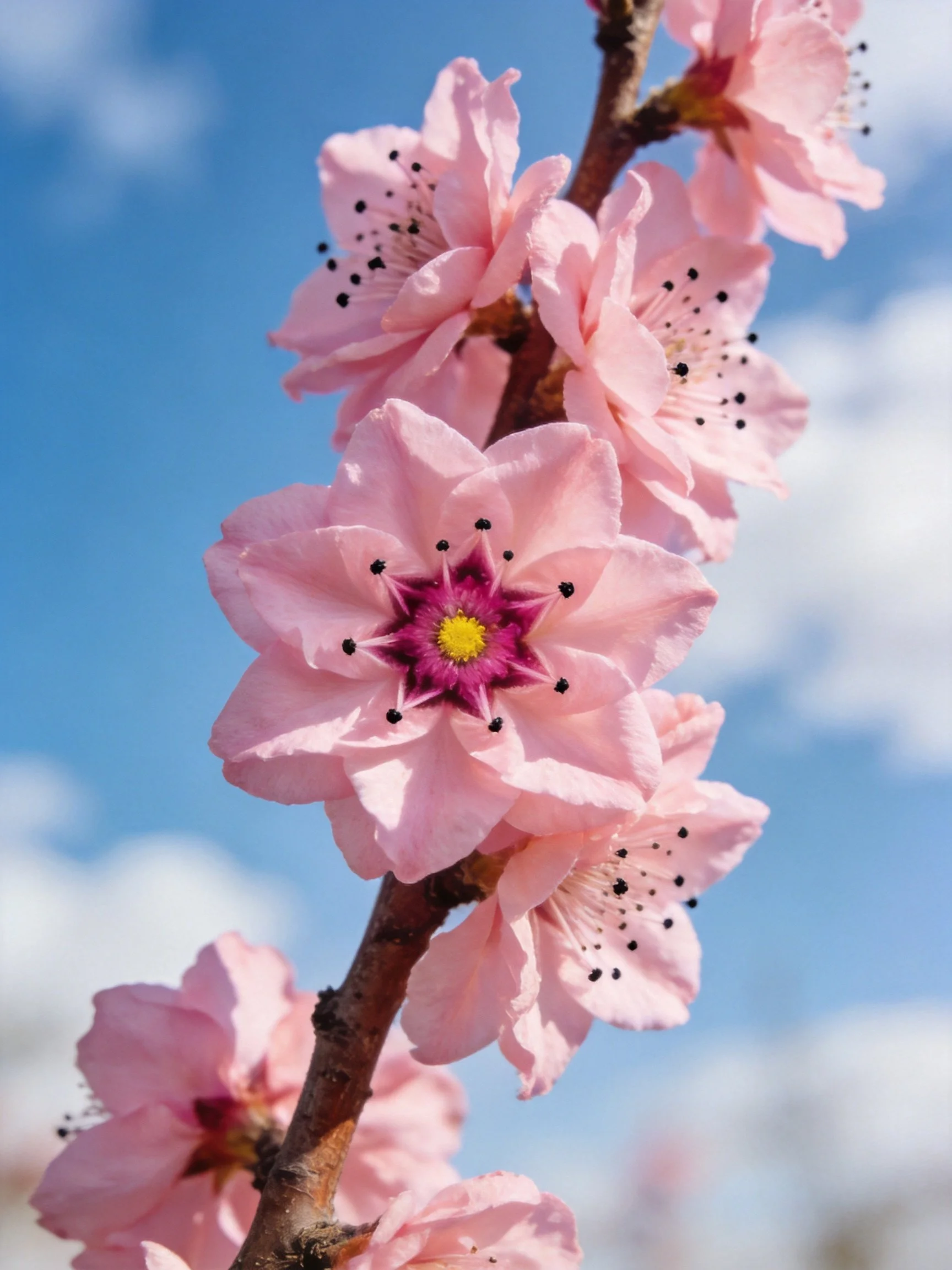 Pink cherry blossom branches with purple flower centers, against a blue sky