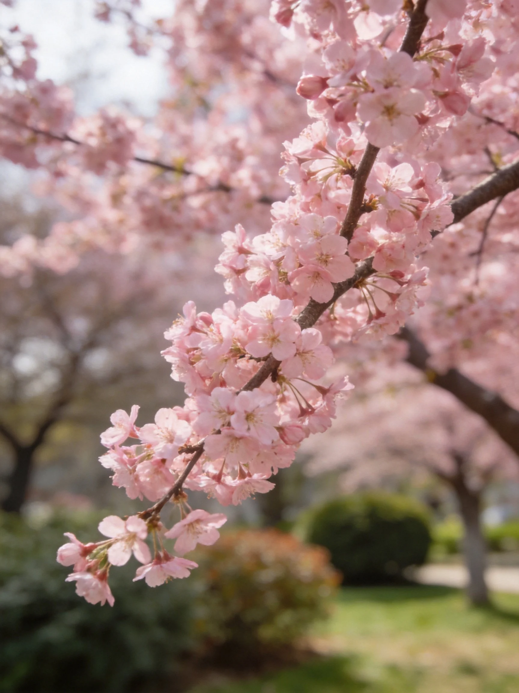 Pink cherry blossom branches with soft focus greenery
