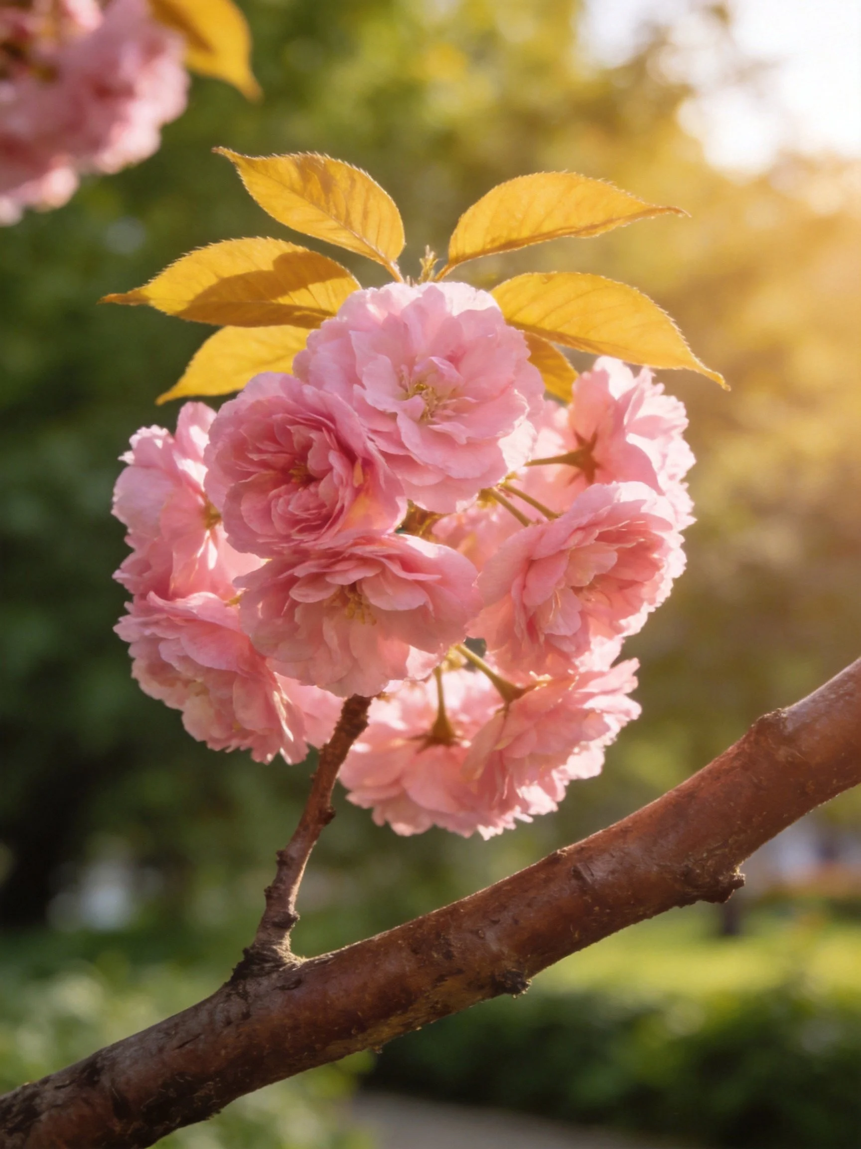 Pink cherry blossom cluster on a brown branch with golden leaves