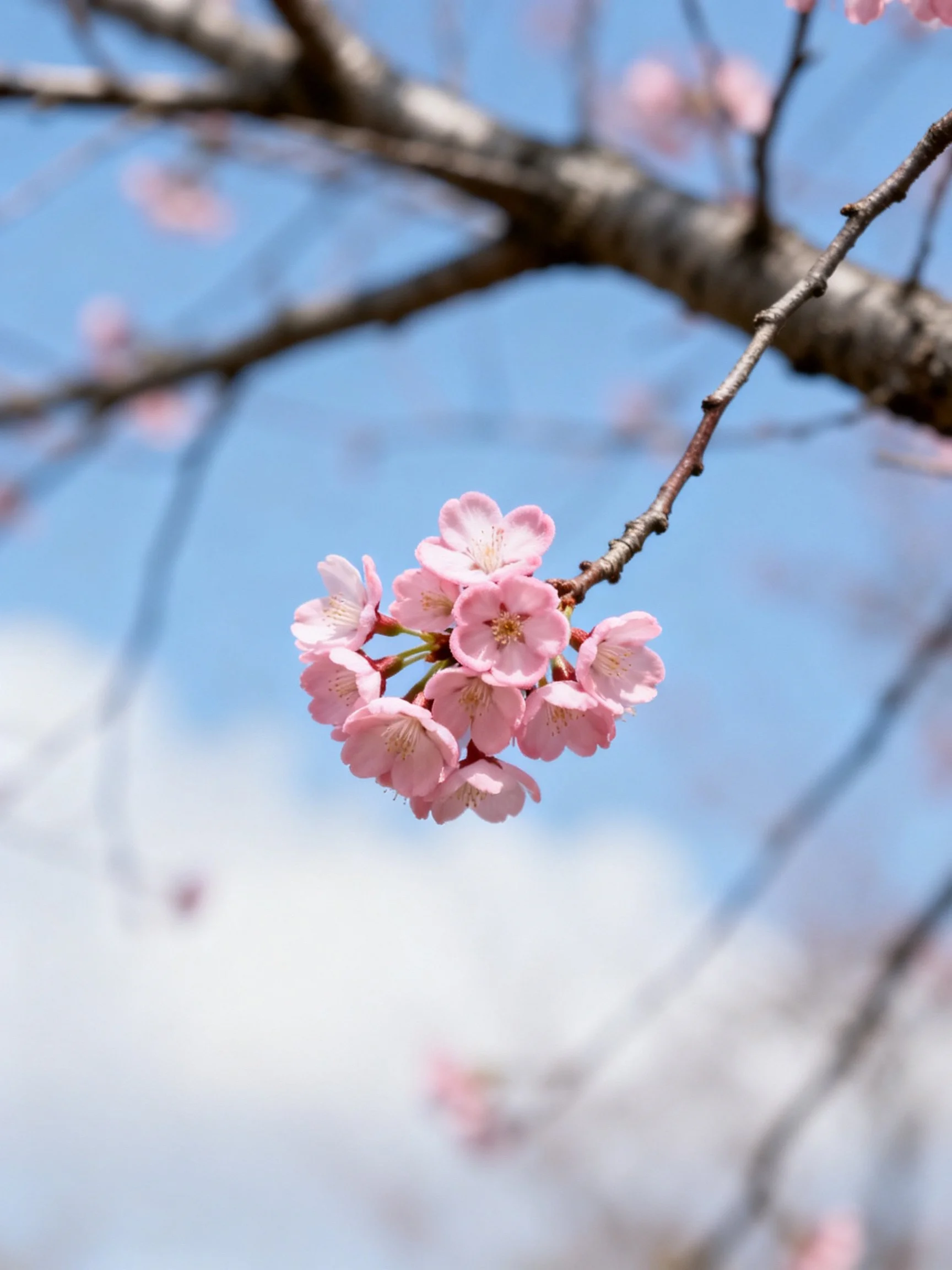 Pink cherry blossom cluster on a dark brown tree branch